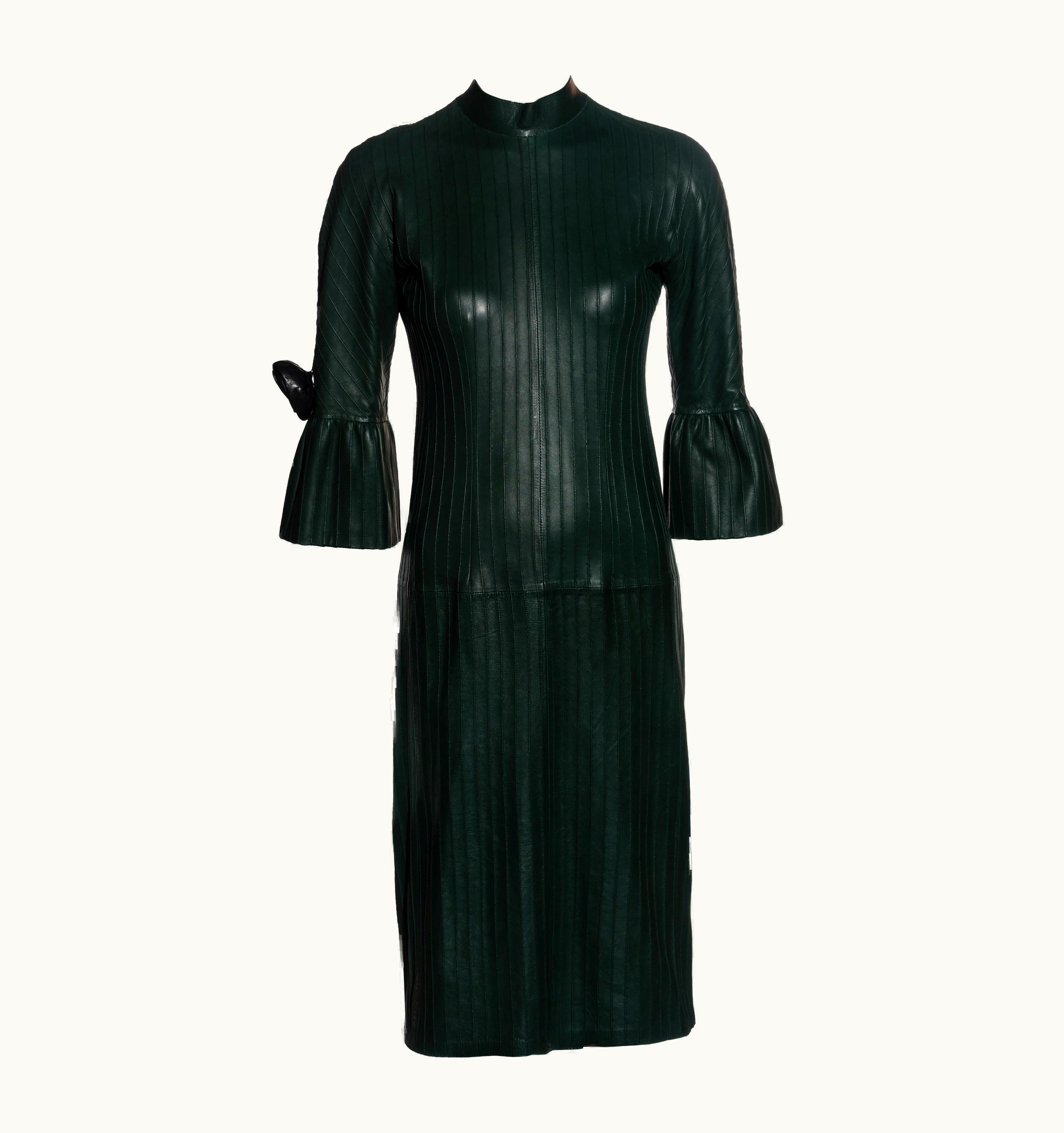 Gucci Gucci By Tom Ford Bottle Green Pintuck Leather Shift Dress, AW 1999