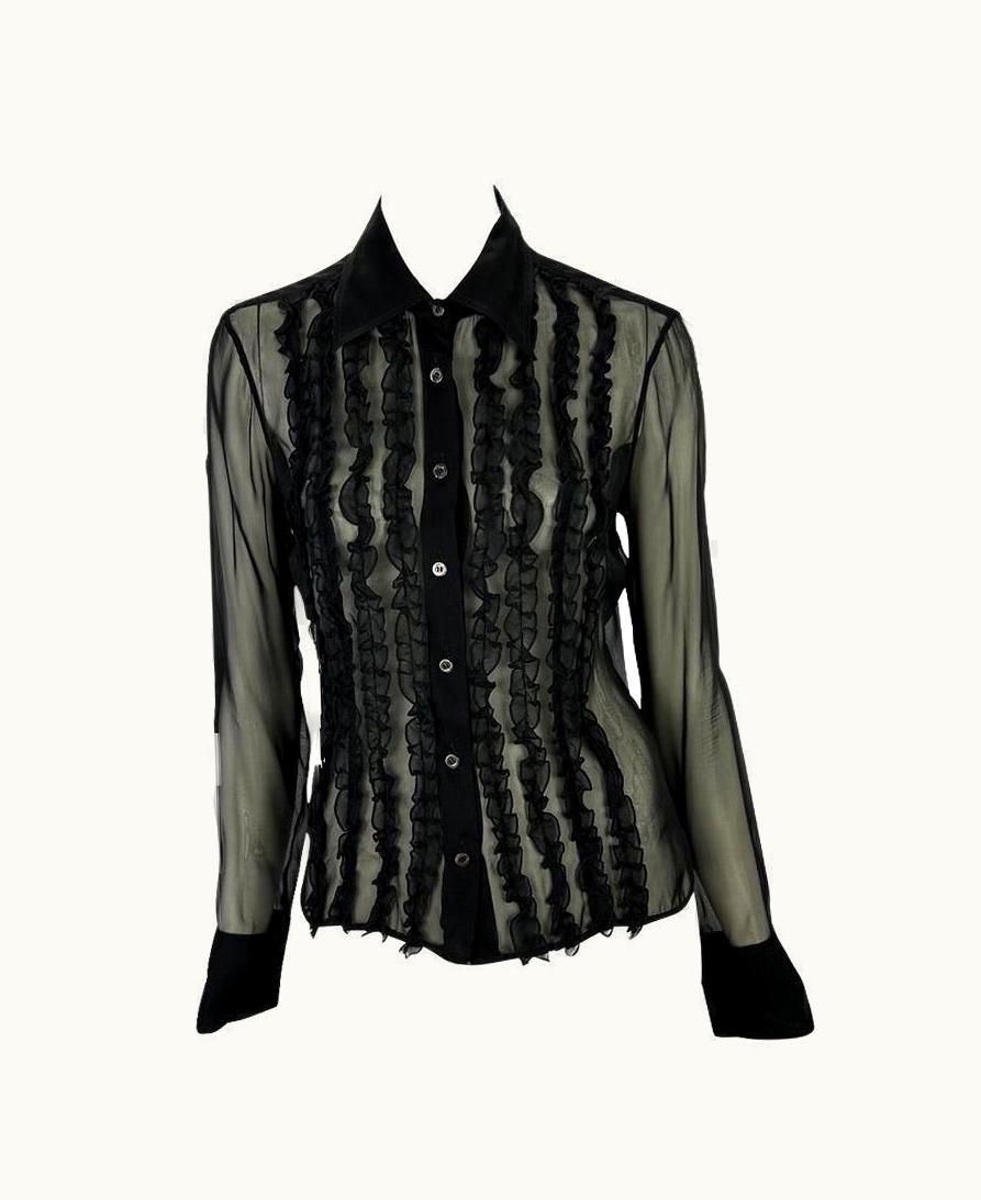 Gucci S/S 1999 Gucci By Tom Ford Sheer Silk Ruffle Collared Button Down Shirt