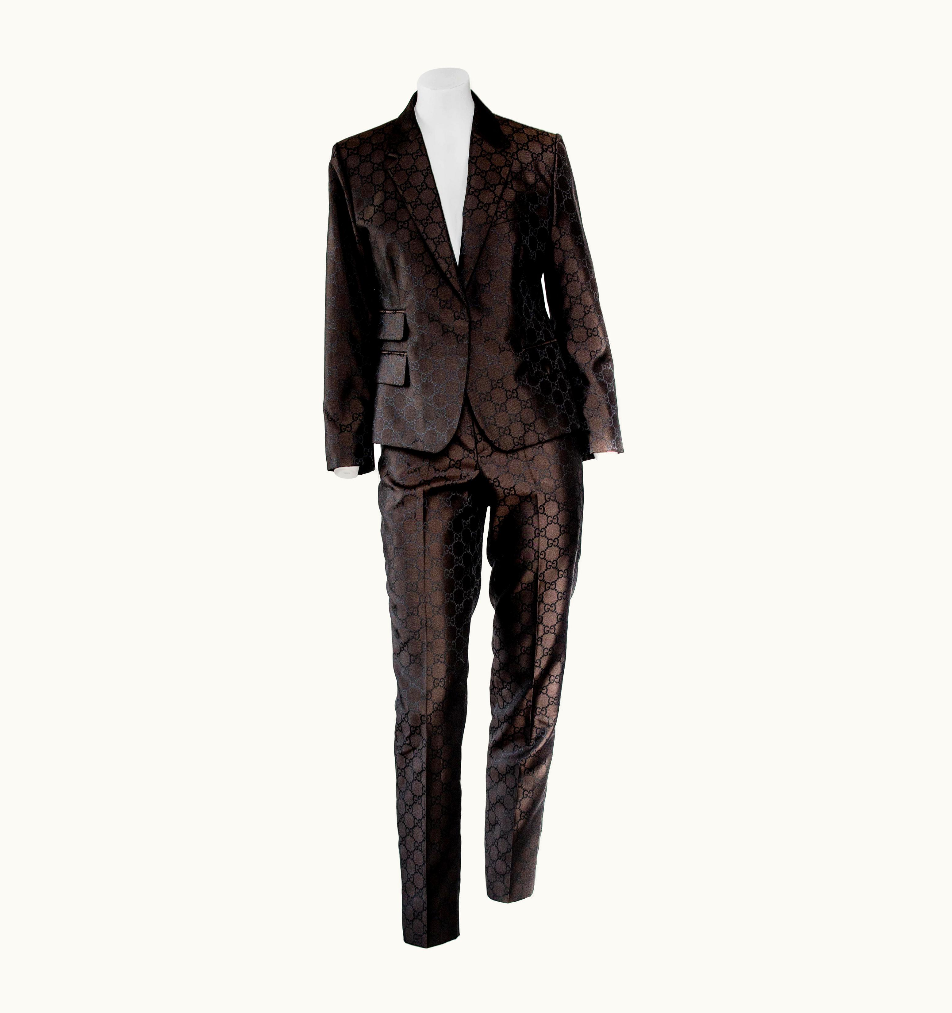 Gucci S/S 1998 Gucci By Tom Ford Woven Gg Monogram Satin Brown Pantsuit