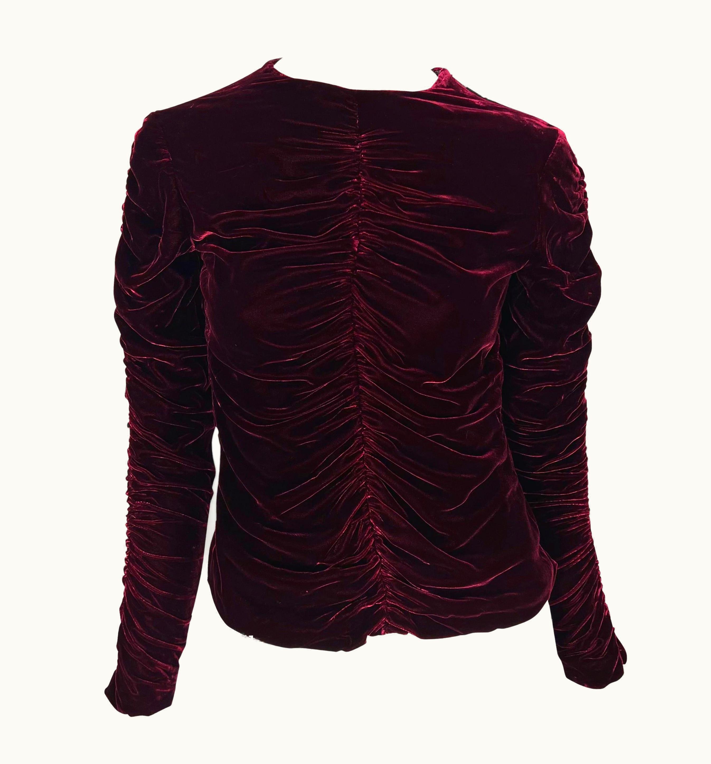 Gucci AW 1999 Gucci By Tom Ford Runway Burgundy Ruched Velvet Blouse