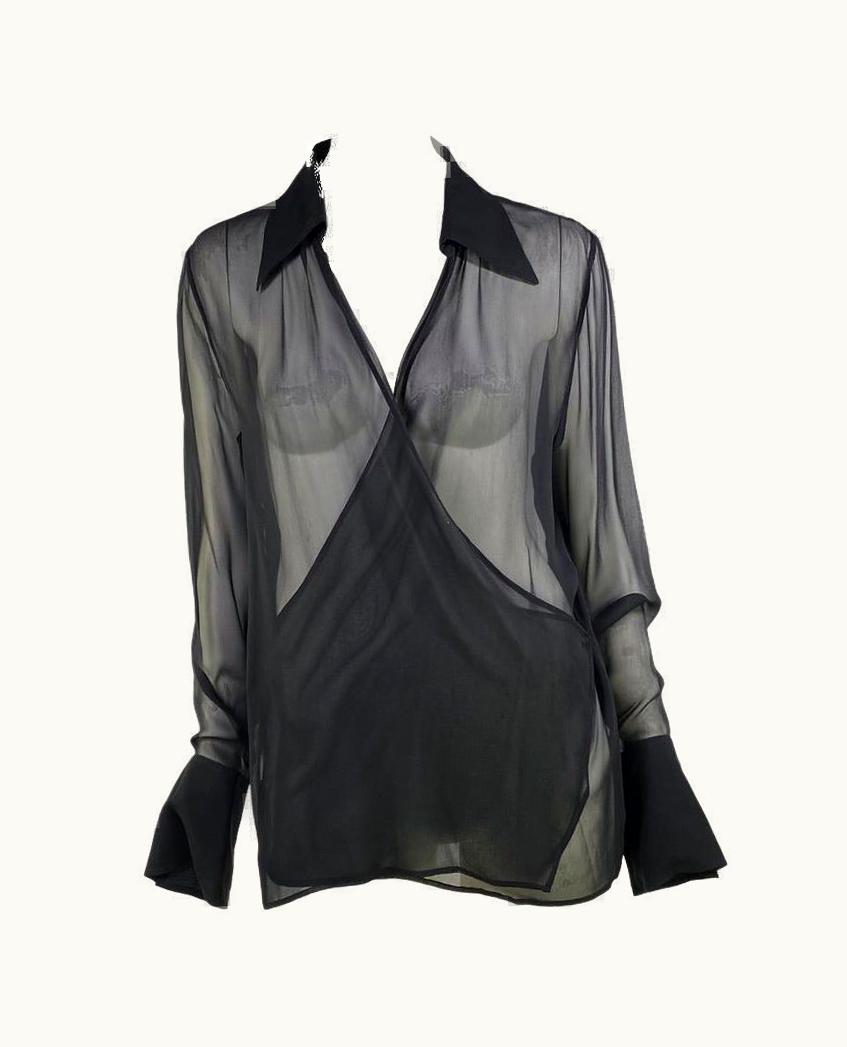 Gucci Late 1990s Gucci By Tom Ford Black Sheer Plunge Collared Oversized Tunic Blouse