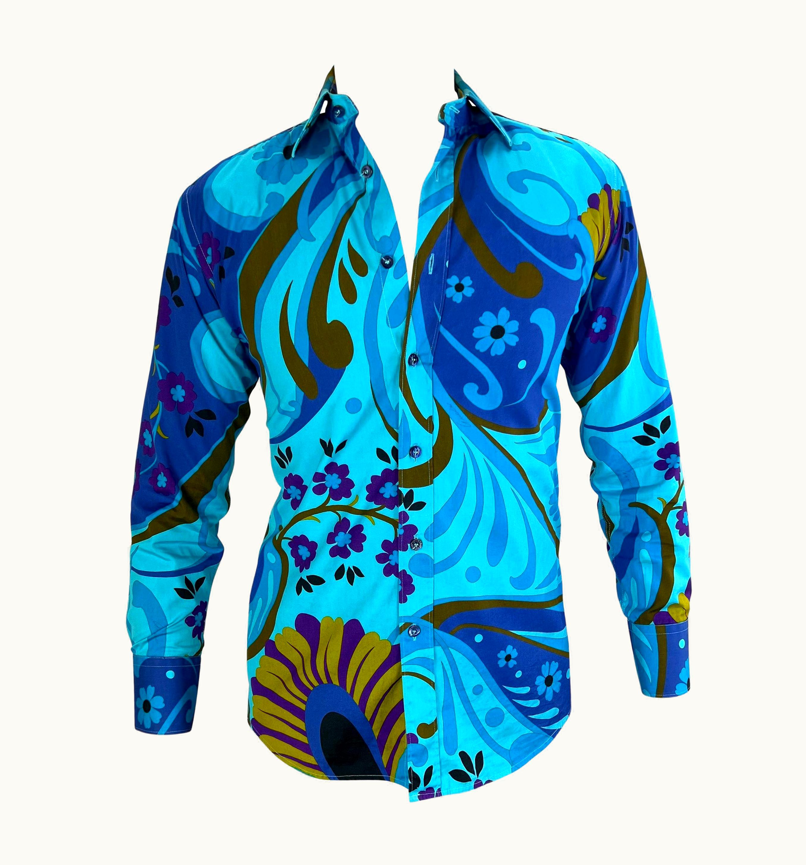 Gucci S/S 1999 Gucci By Tom Ford Blue Psychedelic Floral Button Up Men' Shirt
