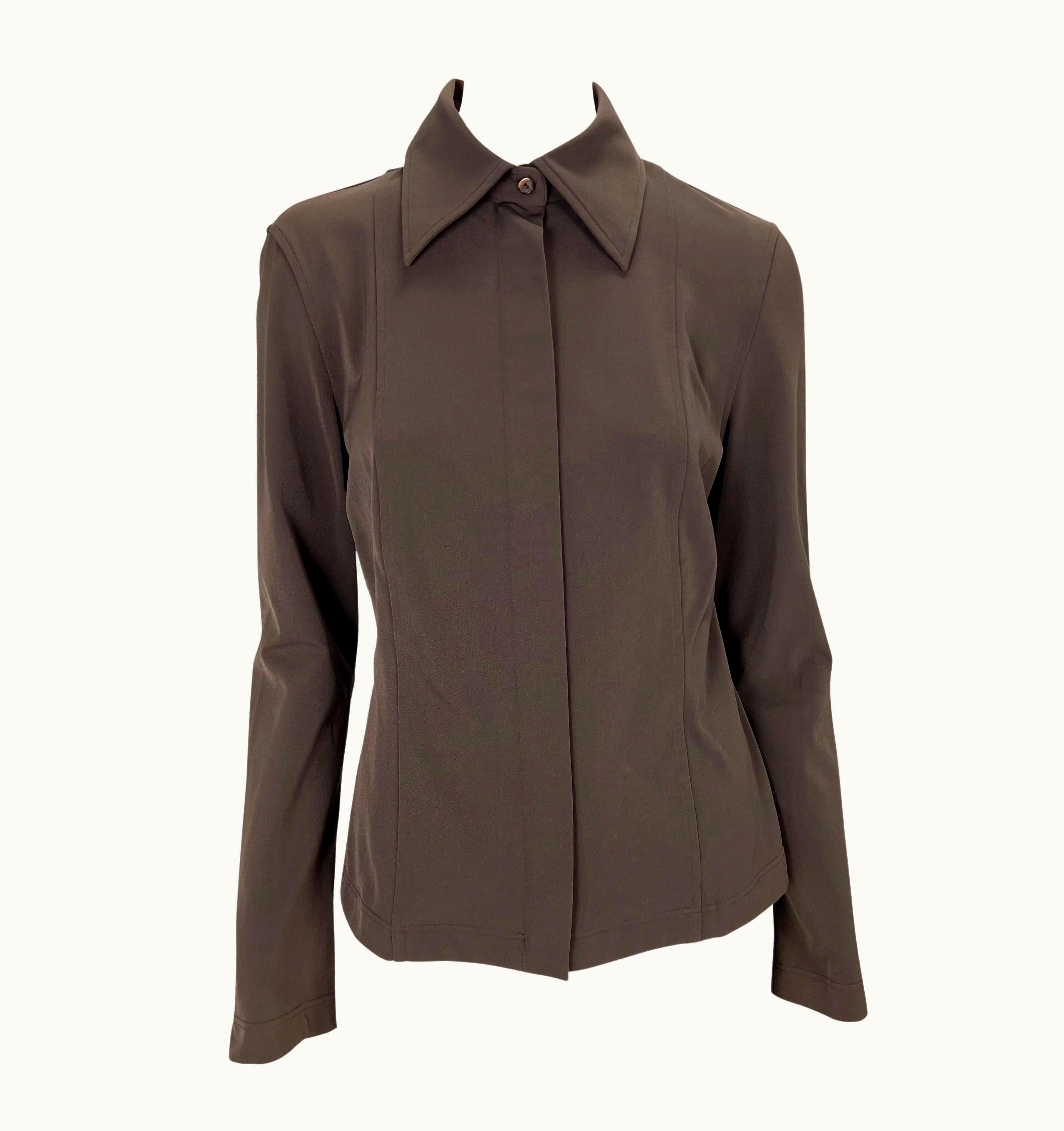 Gucci S/S 1997 Gucci By Tom Ford Brown Stretch Panel Zip-Up Collared Blouse
