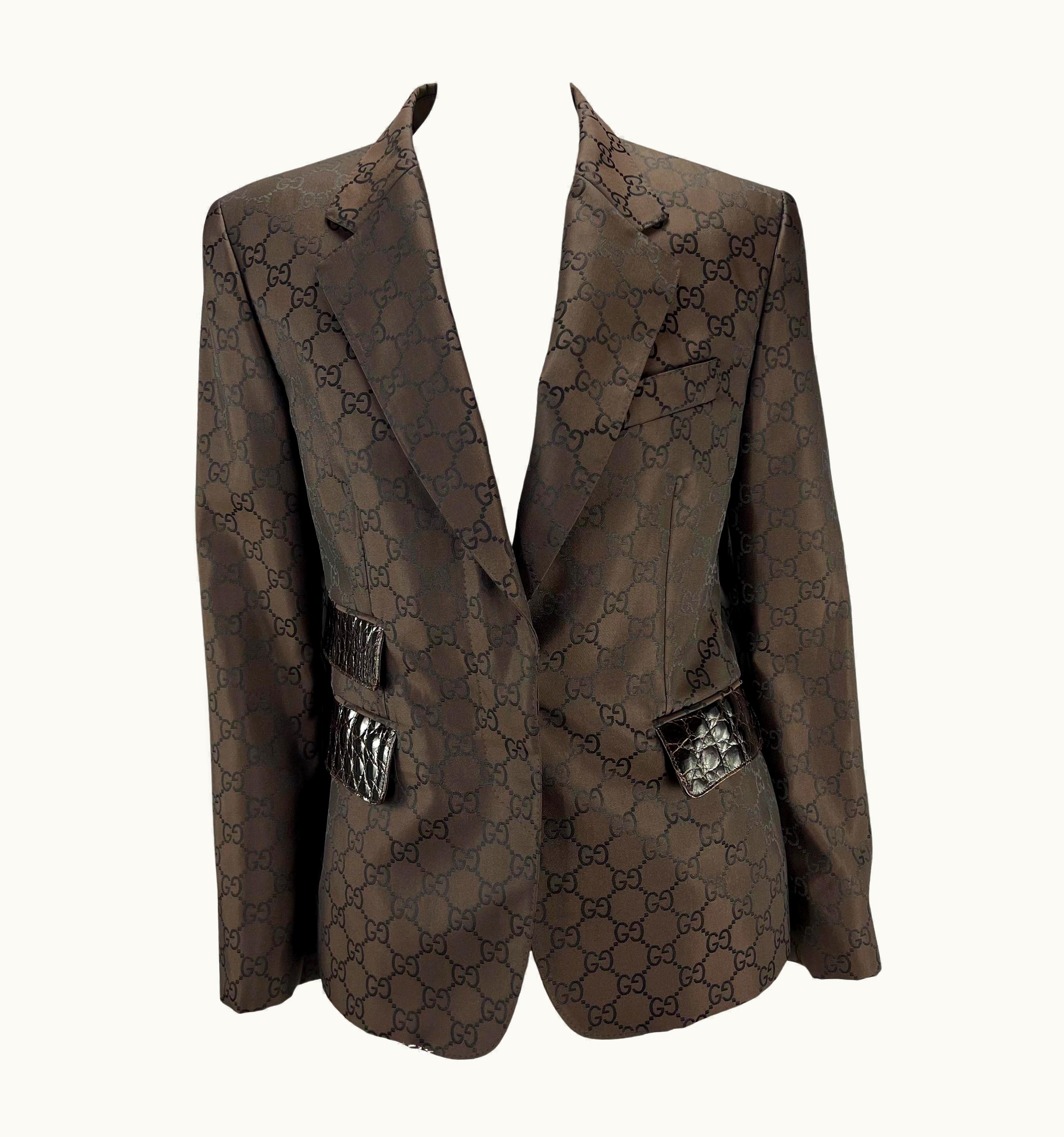Gucci S/S 1998 Gucci By Tom Ford Brown Gg Monogram Alligator Trim Blazer