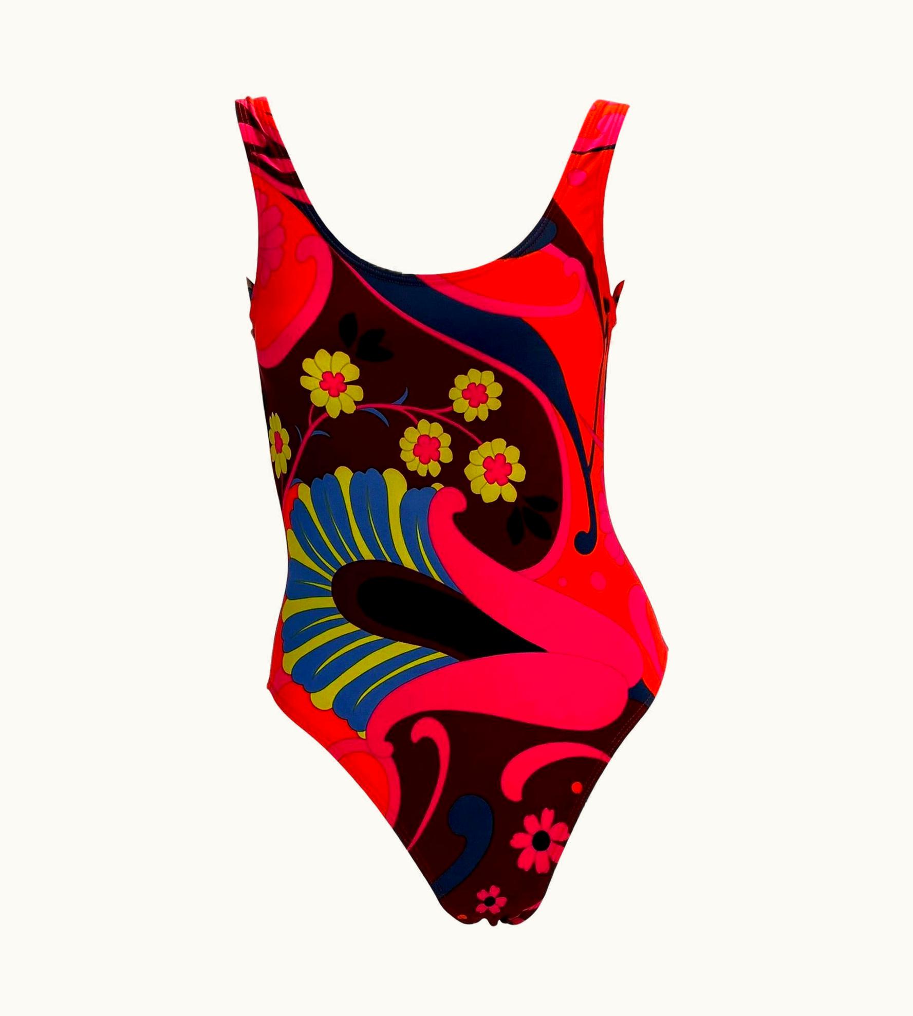 Gucci S/S 1999 Gucci By Tom Ford Pink Orange Psychedelic Floral One Piece Swimsuit