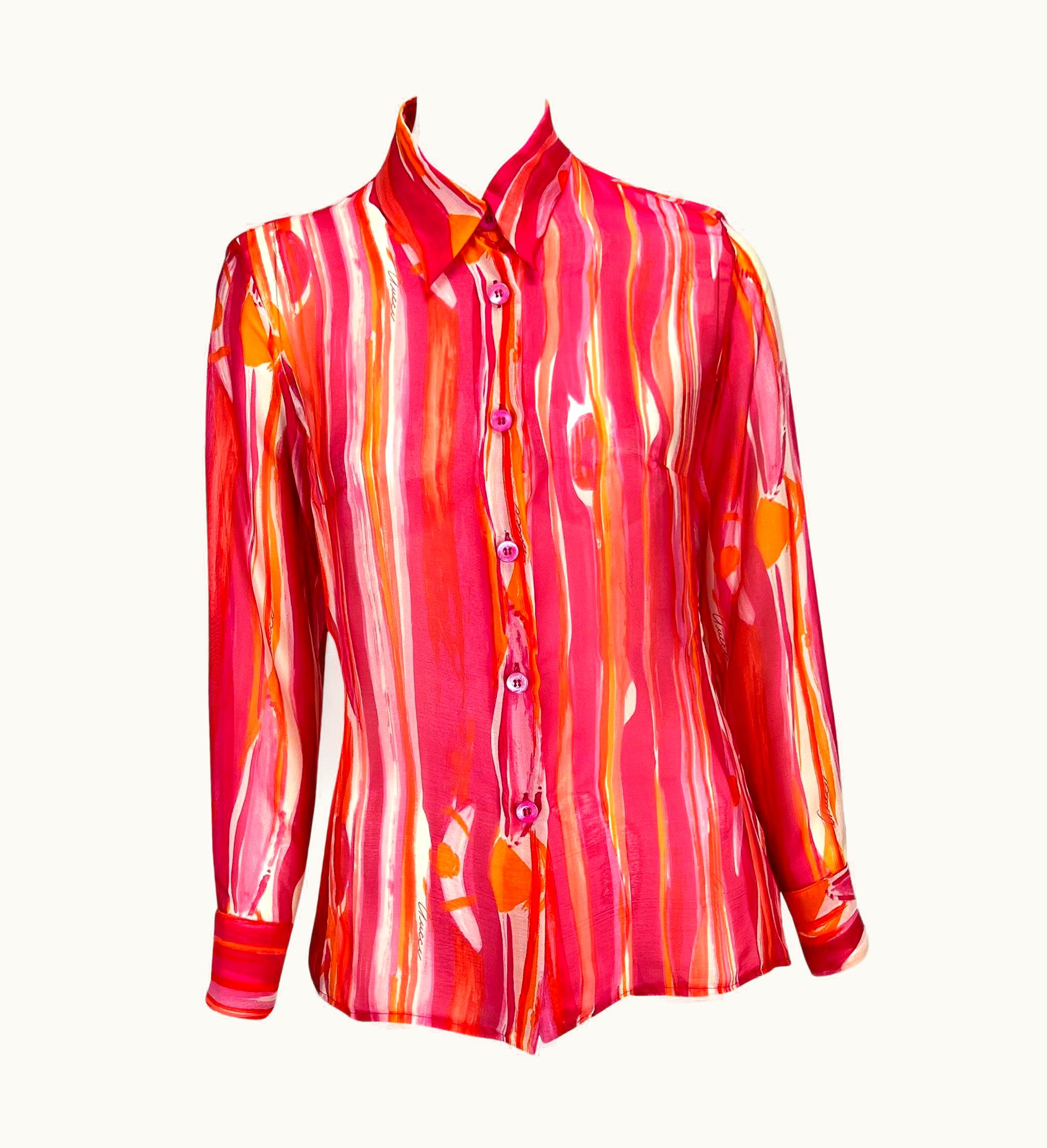 Gucci S/S 1996 Gucci By Tom Ford Pink Orange Sheer Abstract Watercolor Button Up Top