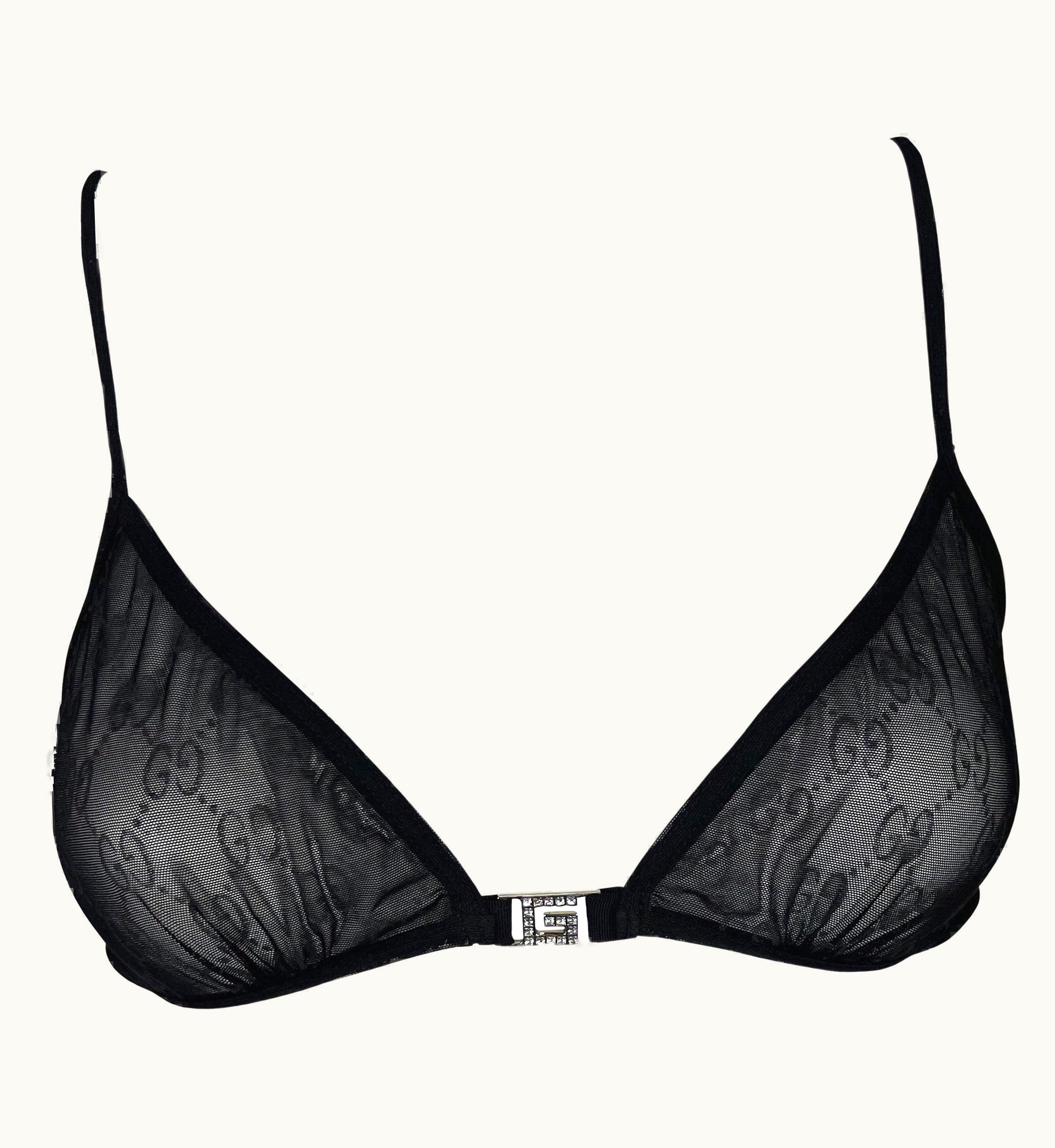 Gucci S/S 1998 Gucci By Tom Ford Gg Logo Rhinestone Black Sheer Bra
