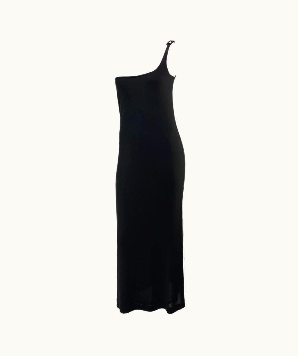 Gucci S/S 1998 Gucci By Tom Ford Rhinestone G Buckle Strap Shoulder Black Gown