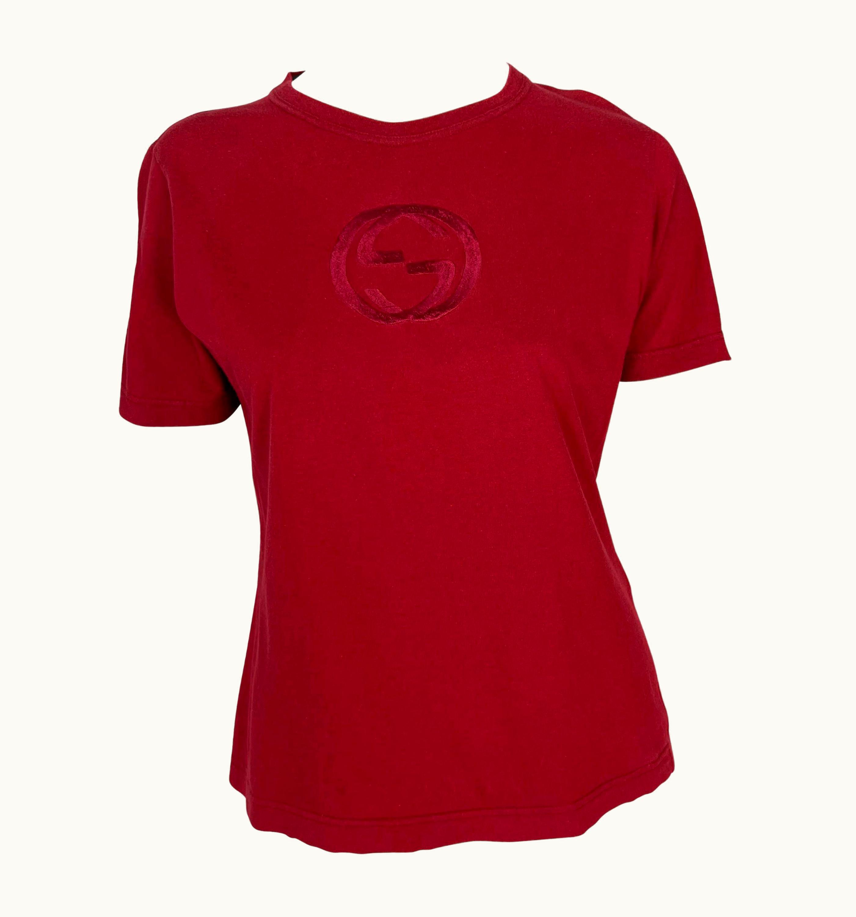 Gucci S/S 1997 Gucci By Tom Ford Gg Logo Embroidered Red Stretch T-Shirt