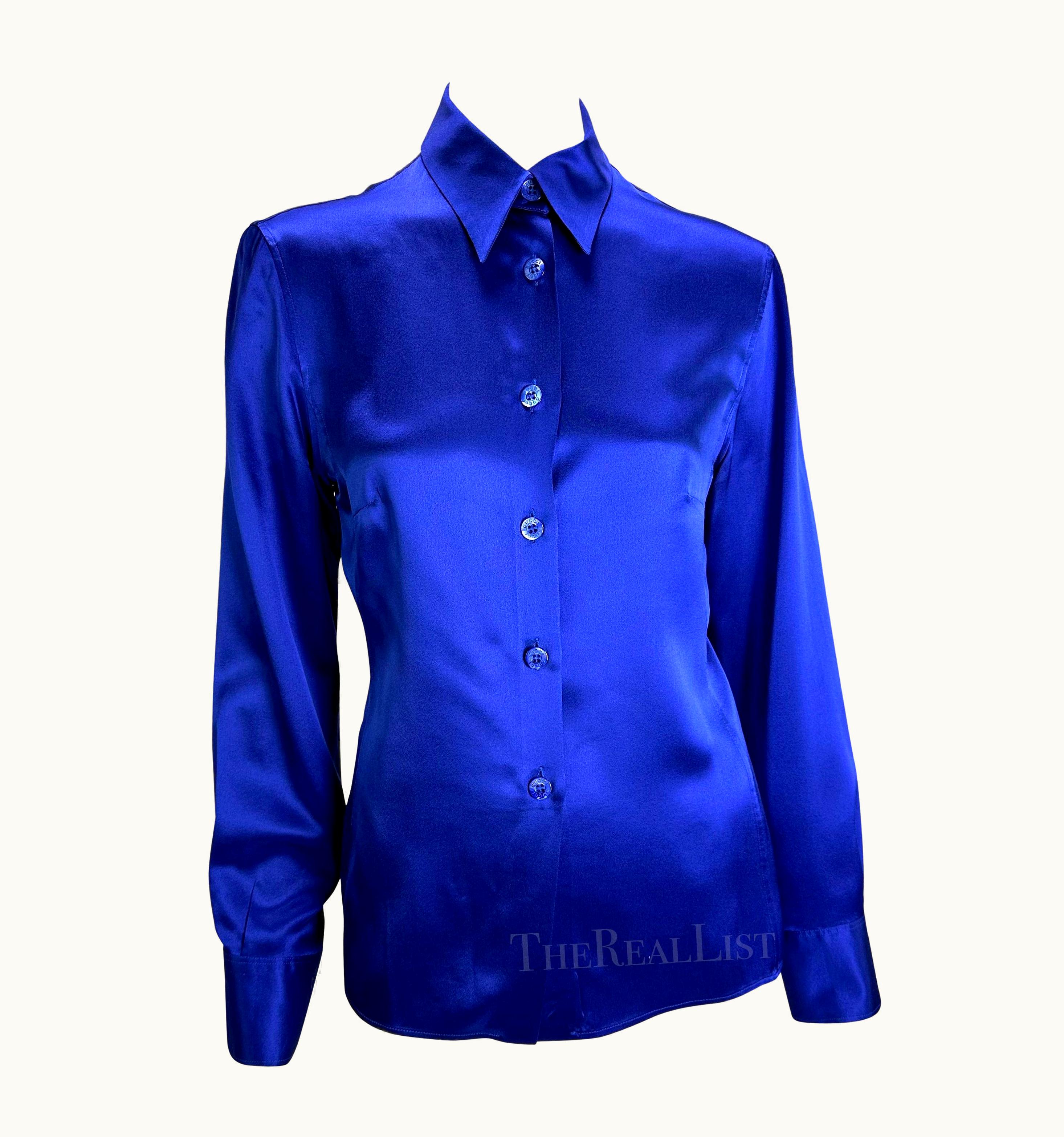 Gucci AW 1995 Gucci By Tom Ford Blue Silk Satin Madonna Runway Button Down Shirt