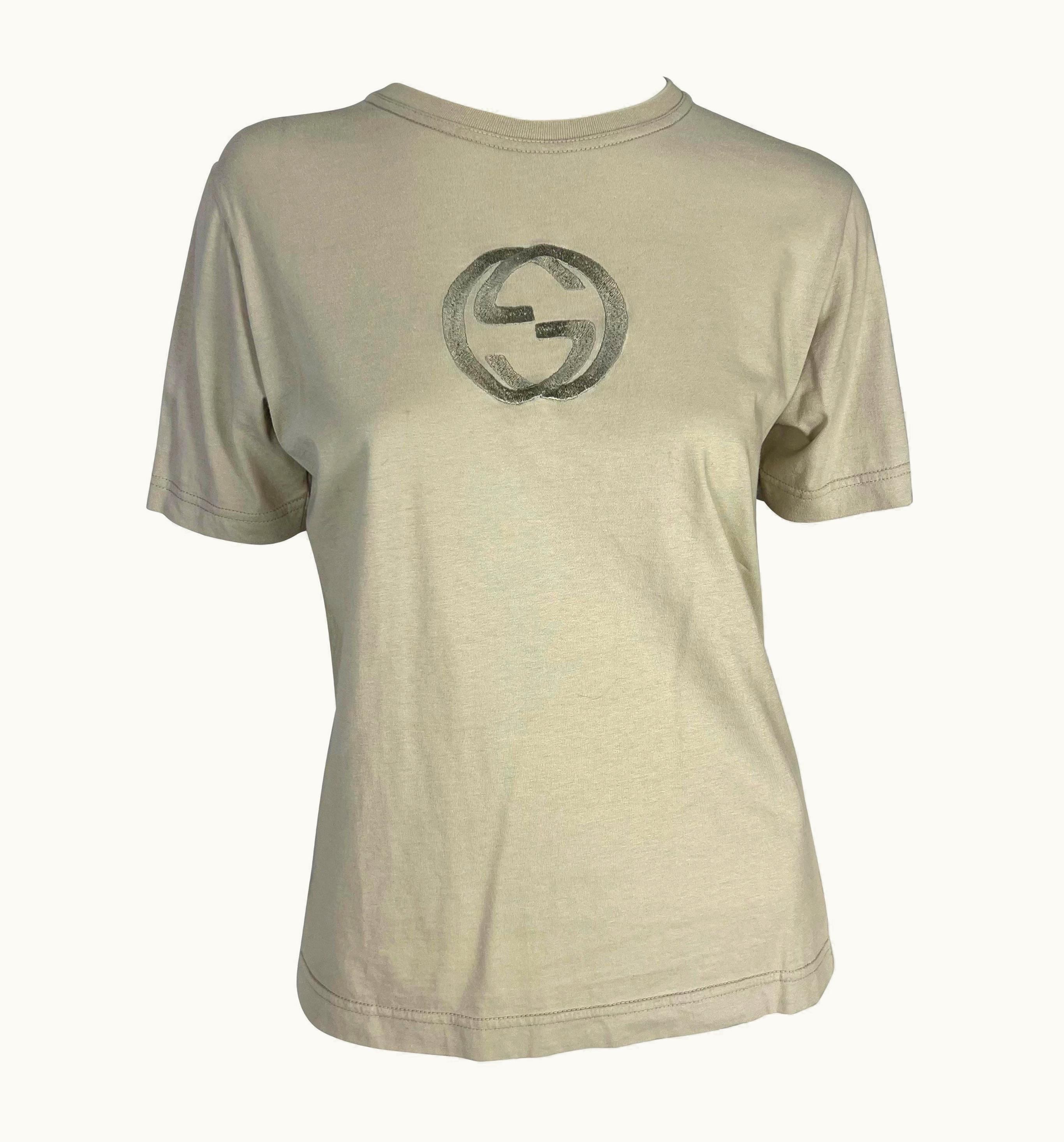 Gucci S/S 1997 Gucci By Tom Ford Gg Logo Embroidered Taupe Stretch T-Shirt