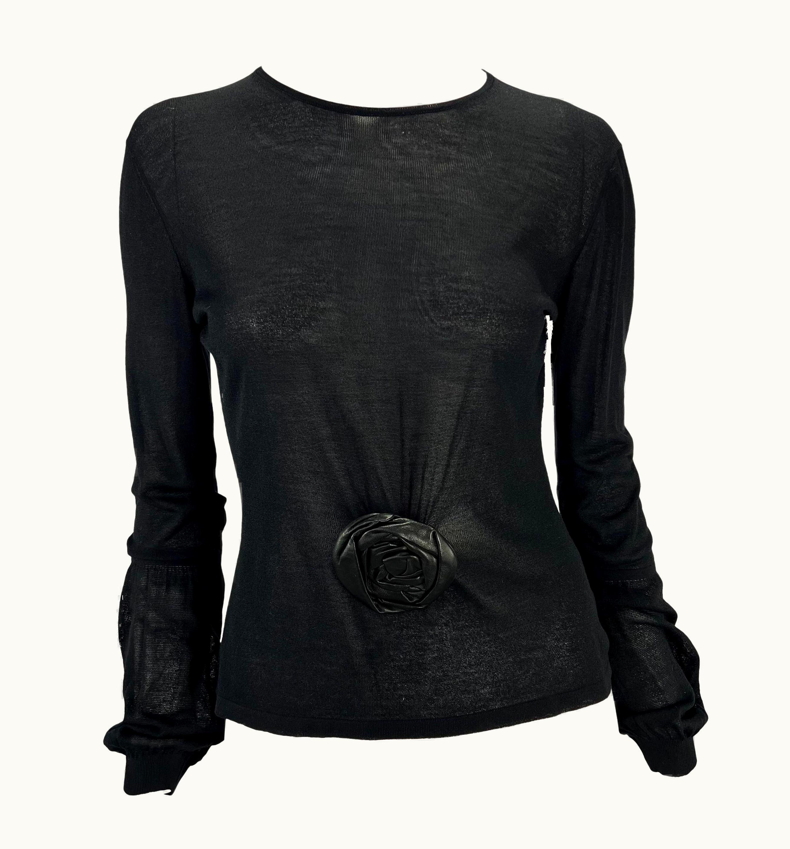 Gucci AW 1999 Gucci By Tom Ford Runway Leather Flower Appliqué Sheer Knit Top UZ0573885