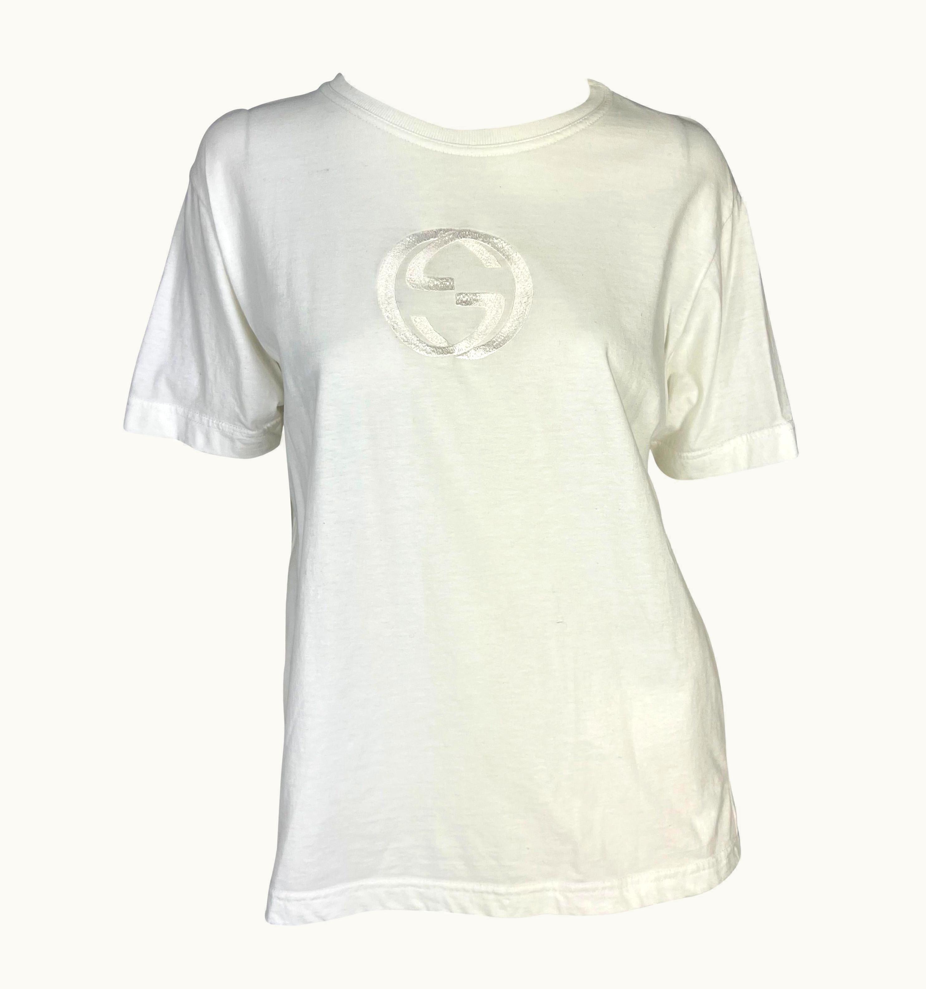 Gucci S/S 1997 Gucci By Tom Ford Gg Logo Embroidered White Stretch T-Shirt