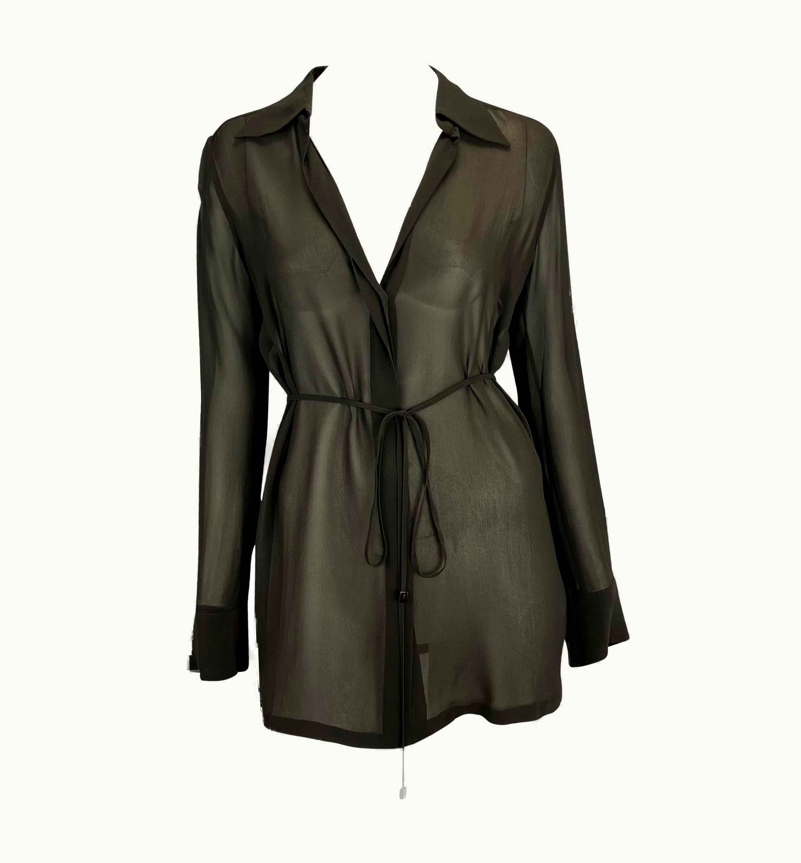 Gucci S/S 1997 Gucci By Tom Ford Brown Sheer Button Up Belted Oversized Tunic Top