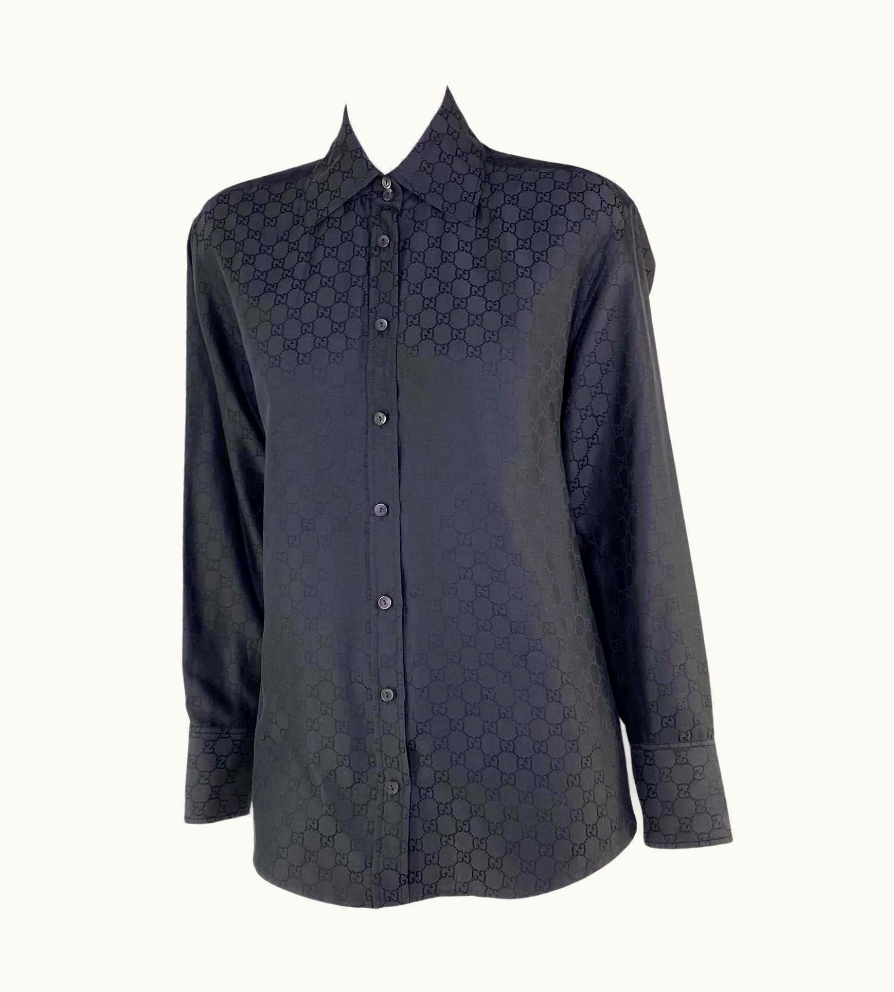 Gucci S/S 1998 Gucci By Tom Ford Gg Monogram Black Cotton Silk Shoulder Pad Button Up