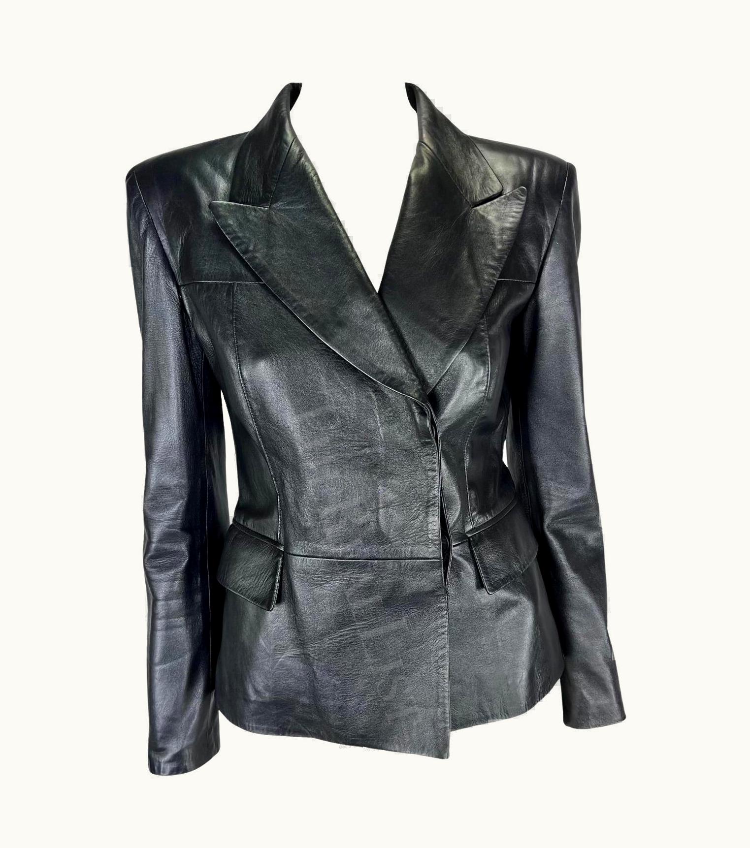 Gucci AW 1997 Gucci By Tom Ford Runway Metallic Black Leather Blazer Jacket