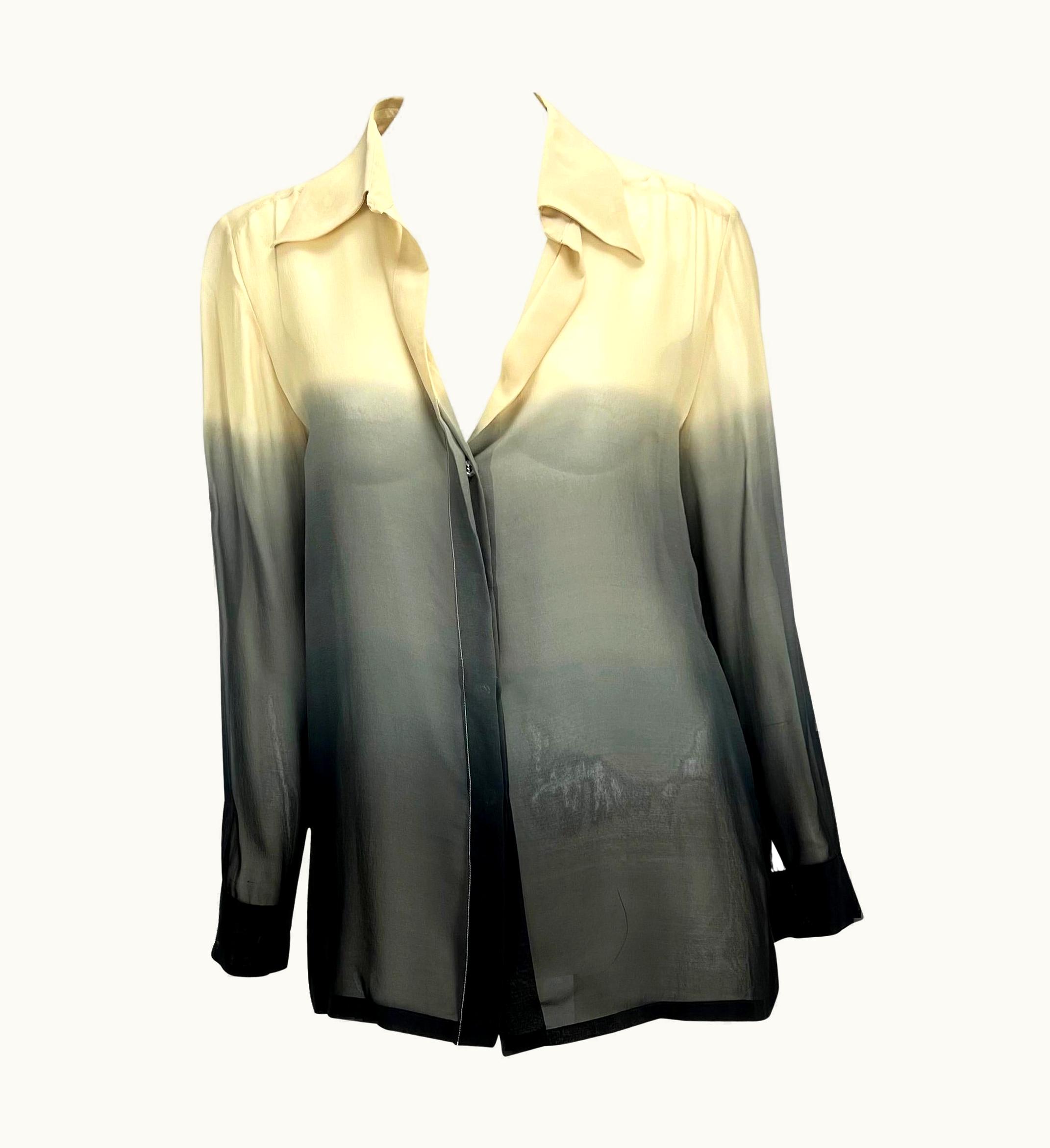 Gucci S/S 1997 Gucci By Tom Ford Beige Navy Sheer Ombré Silk Button Up Plunge Top