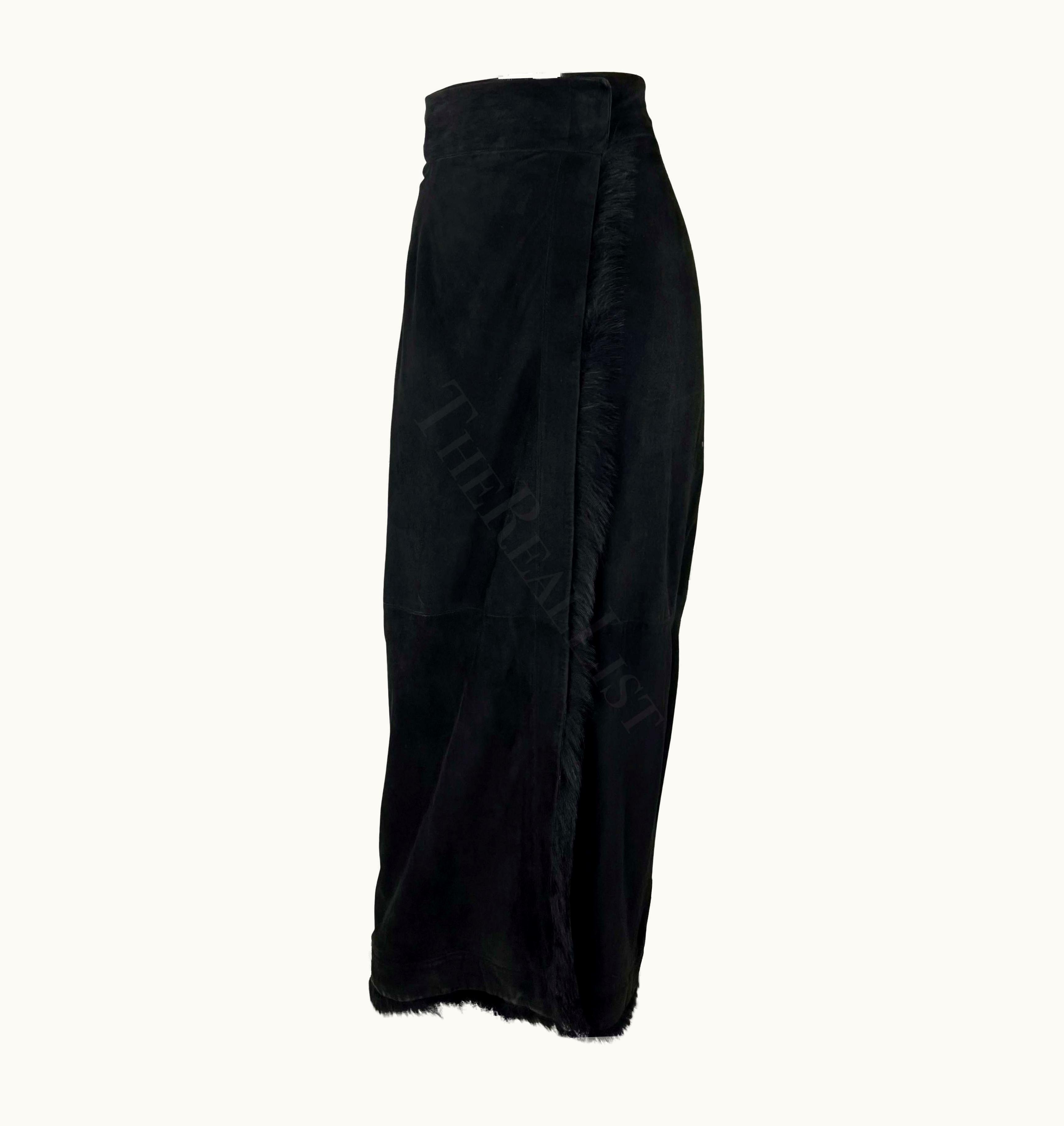 Gucci AW 1996 Gucci By Tom Ford Runway Black Suede Fur Wrap Maxi Slit Skirt