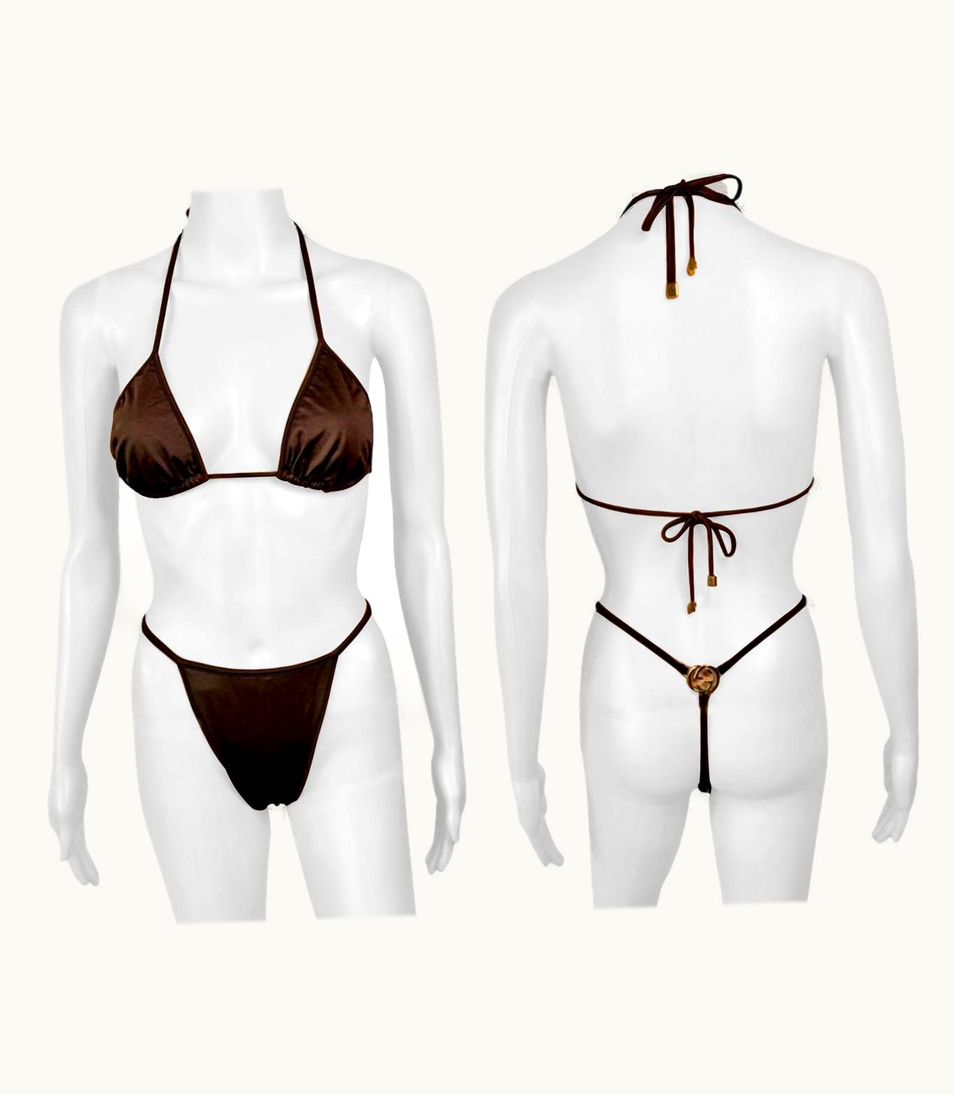 Gucci Tom Ford For Gucci S/S 1997 Runway Gg Logo Thong Bra & Bikini Two-Piece Swimwear