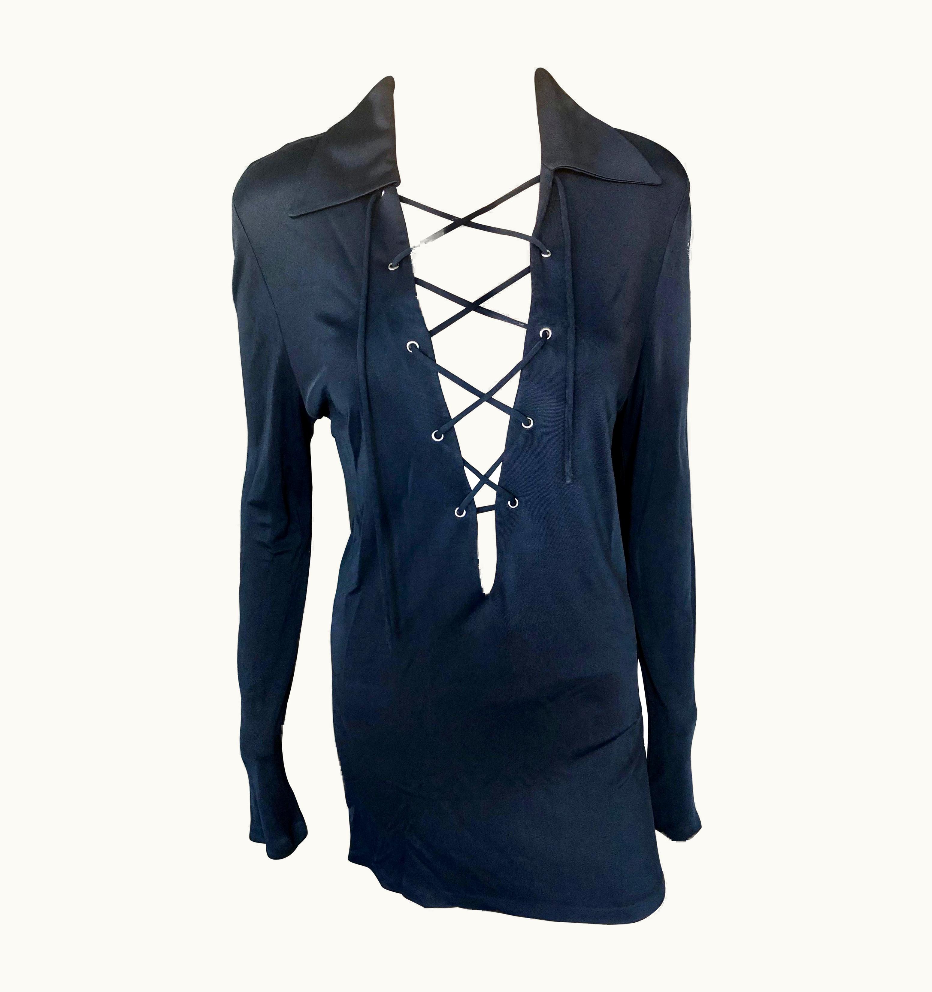 Gucci Tom Ford For Gucci S/S 1996 Plunging Lace-Up Black Tunic Micro Mini Dress