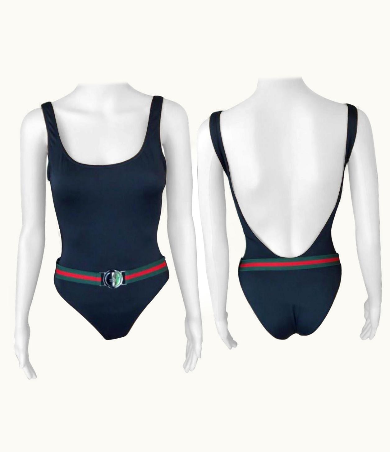 Gucci Tom Ford For Gucci S/S 1999 Vintage Logo Belted Backless Black Bodysuit Swimsuit