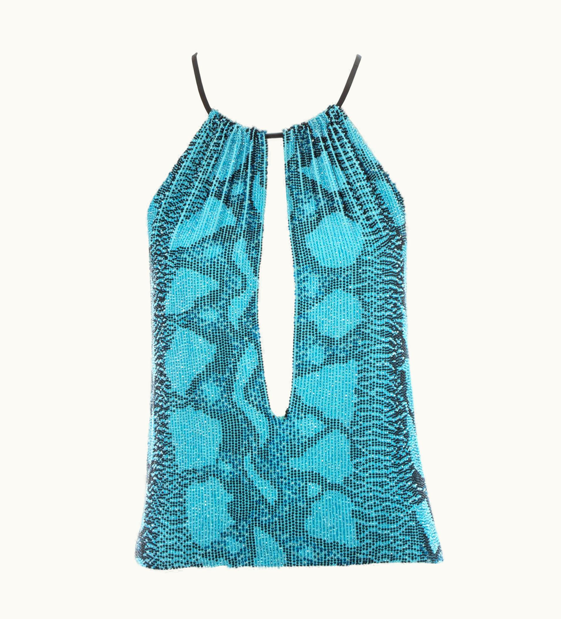 Gucci Gucci By Tom Ford Blue Beaded Snake Print Evening Top, S/S 2000