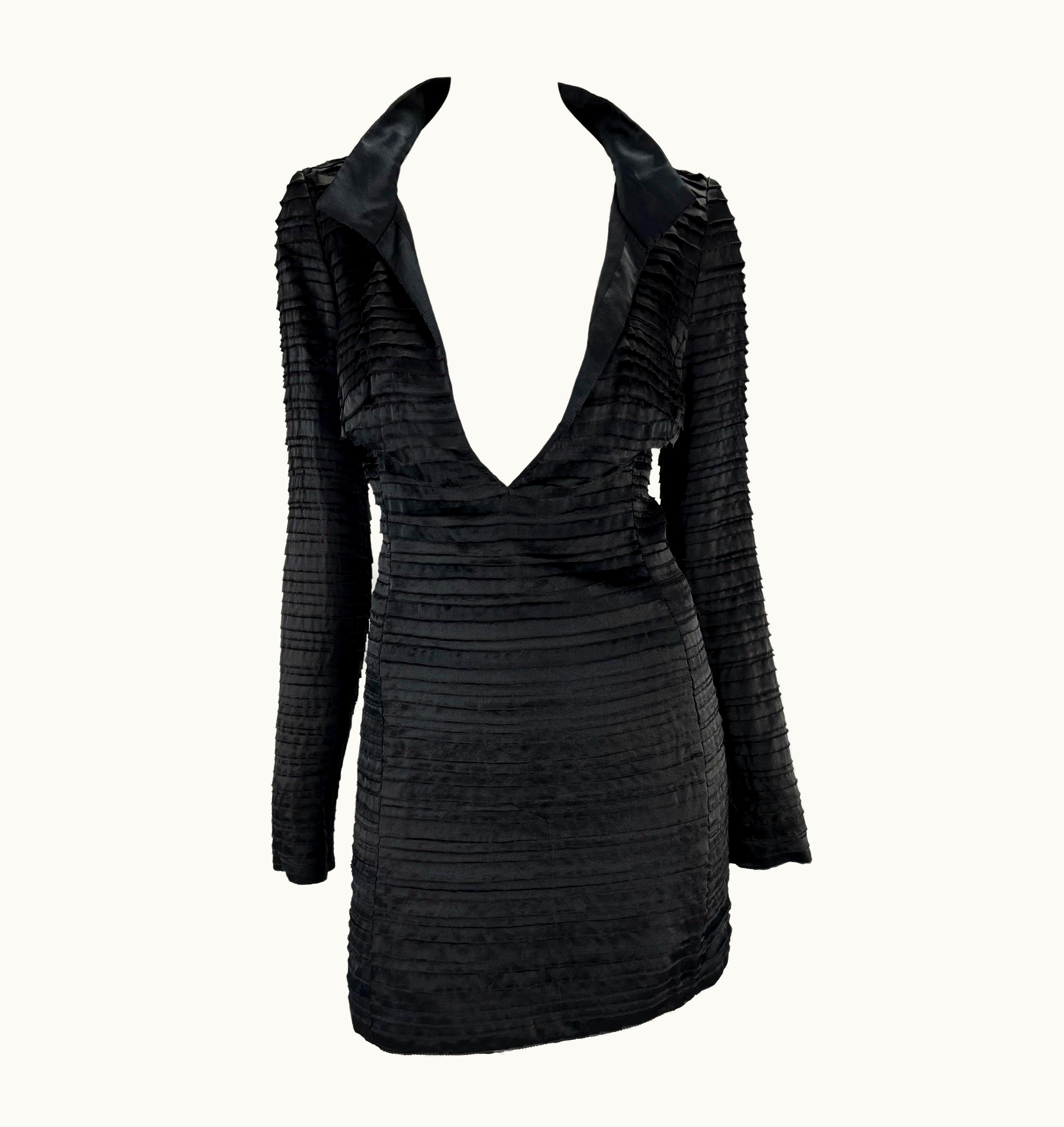 Gucci S/S 2003 Gucci By Tom Ford Runway Black Raw Ribbon Plunging Mini Dress