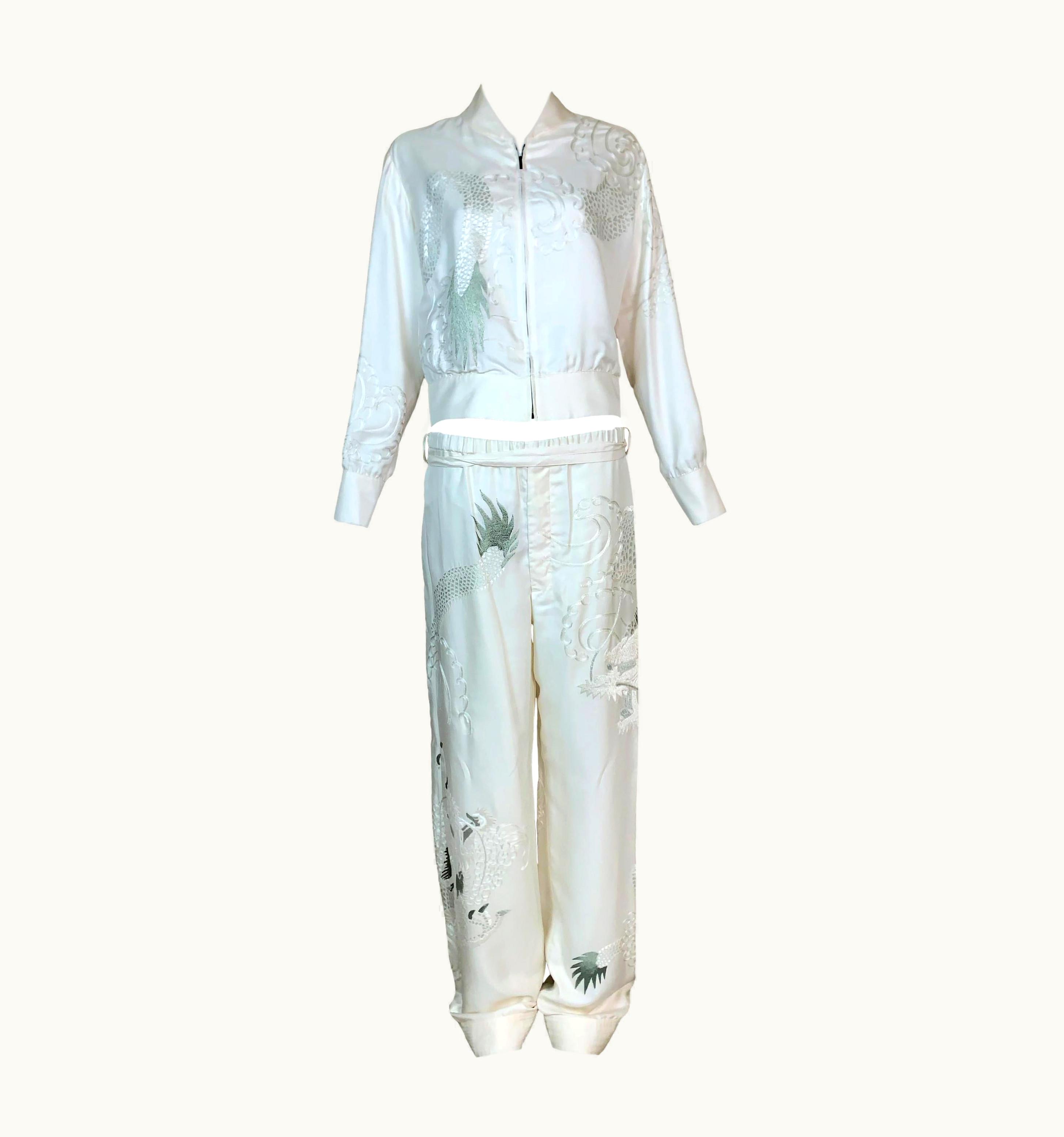 Gucci 2001 Gucci Tom Ford Ivory Silk Chinese Dragon Embroidered Jacket Pant Tracksuit