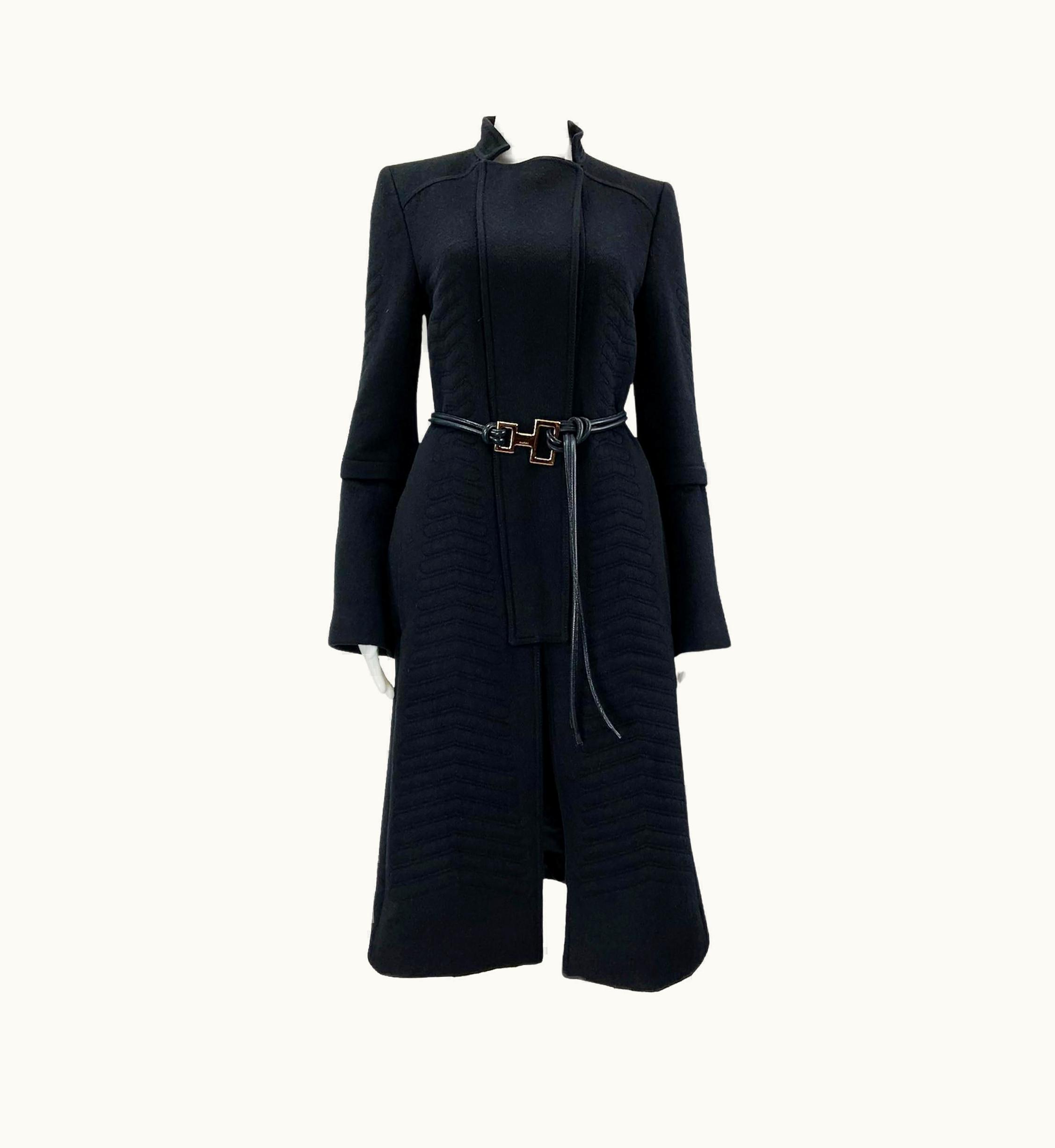Gucci Tom Ford For Gucci AW 2004 Black Angora Wool Chevron Pattern Coat With Belt