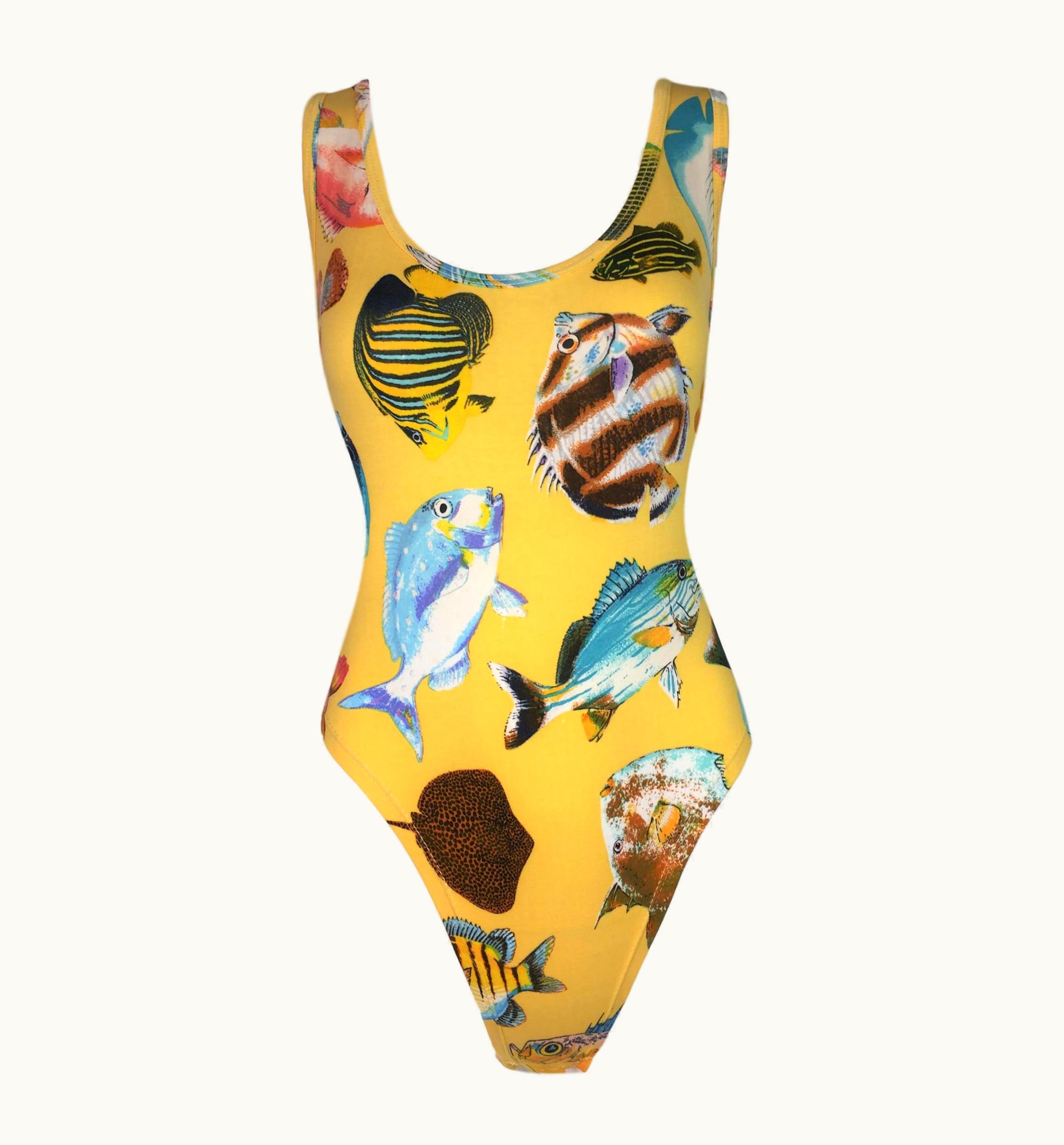 Gucci 1995 Gucci By Tom Ford Yellow Ocean Fish Print Bodysuit