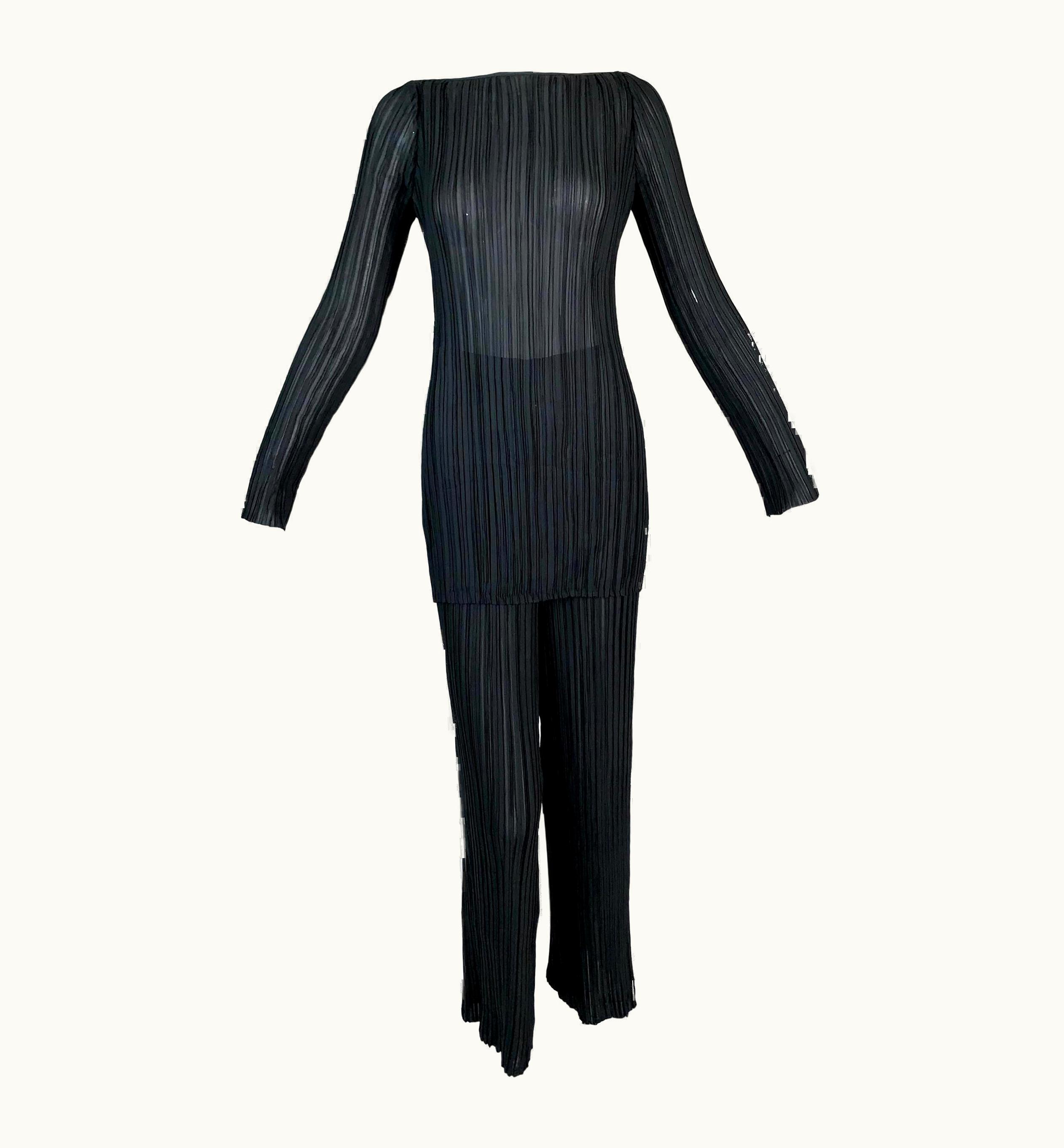 Gucci 1995 Gucci By Tom Ford Sheer Black Pleated Tunic Top & Pants Set
