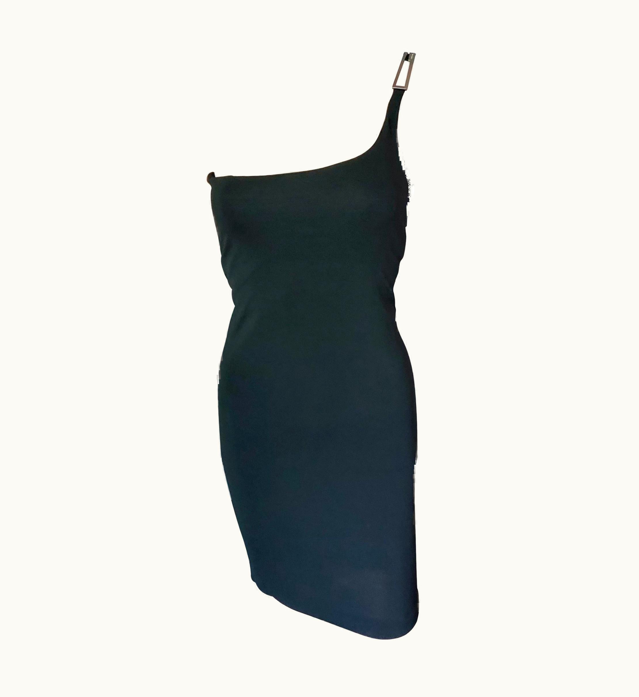 Gucci Tom Ford For Gucci AW 1997 Vintage One Shoulder Logo Buckle Black Mini Dress UZ0574057