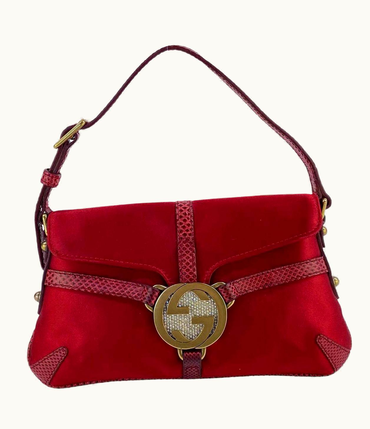 Gucci 2000s Gucci By Tom Ford Mini Reins Red Lizard Silk Satin Rhinestone Thong Bag