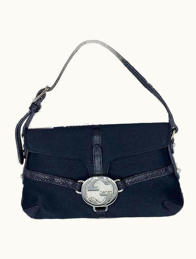 Gucci Gucci By Tom Ford Mini Reins Black Lizard Silk Satin Rhinestone Logo Thong Bag