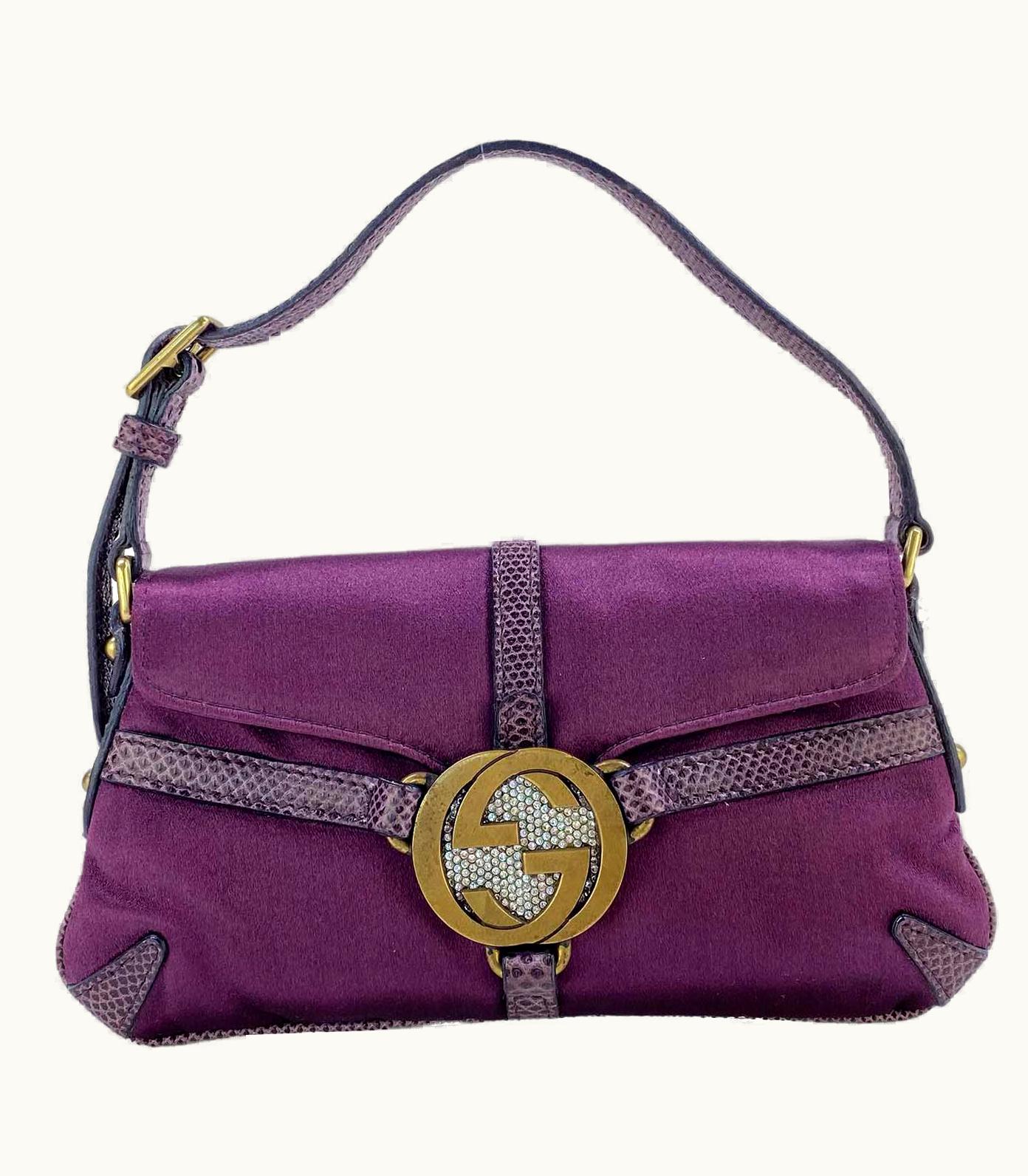 Gucci 2000s Gucci By Tom Ford Mini Reins Purple Lizard Silk Satin Rhinestone Thong Bag