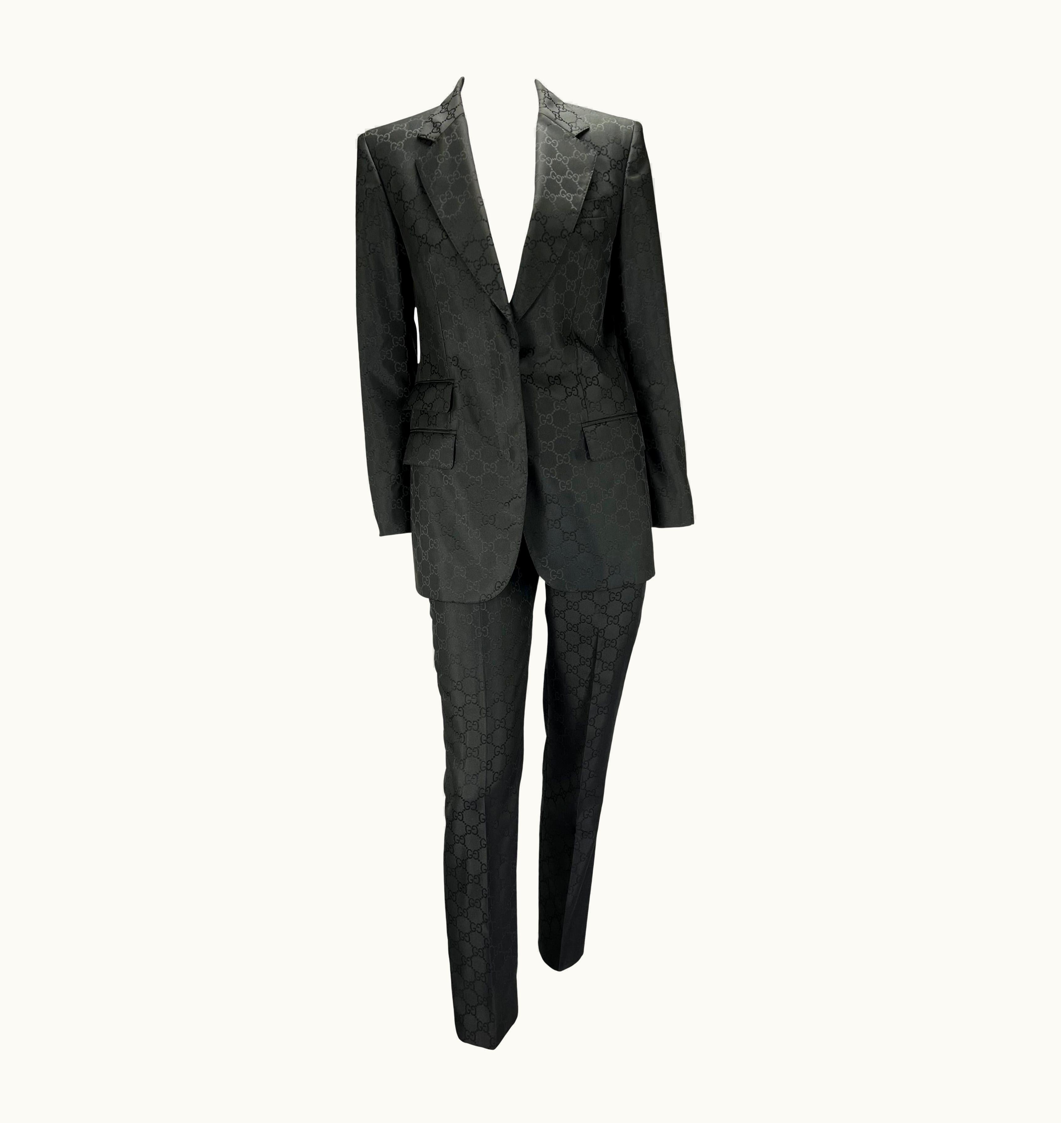 Gucci S/S 1998 Gucci By Tom Ford Runway Gg Monogram Satin Black Pantsuit