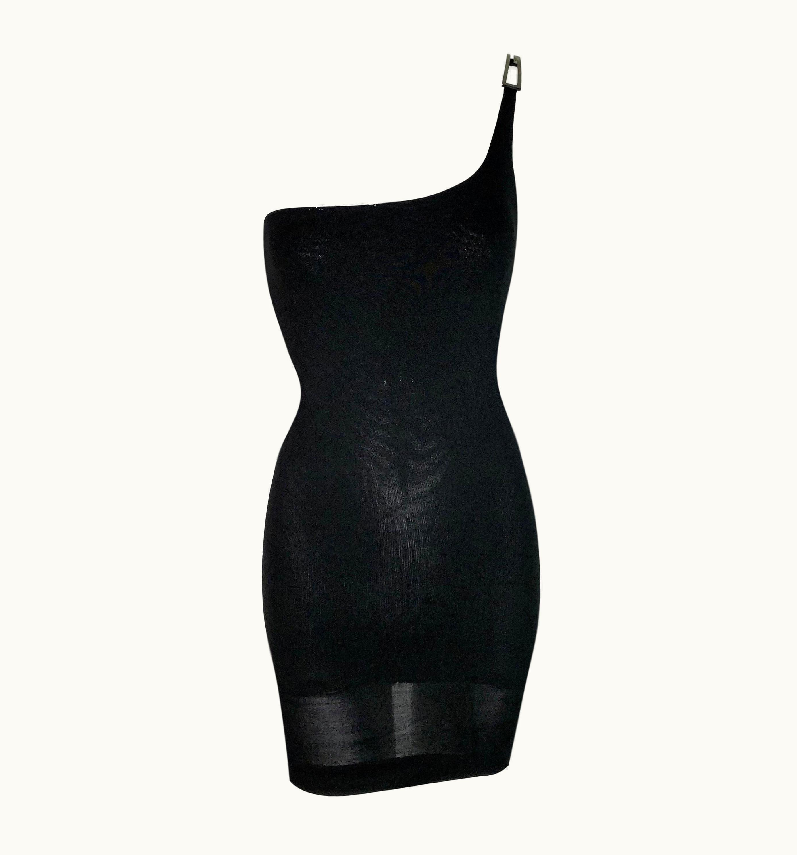 Gucci 1998 Gucci Tom Ford Slinky Black One Shoulder Gucci Logo Buckle Mini Dress UZ0574086