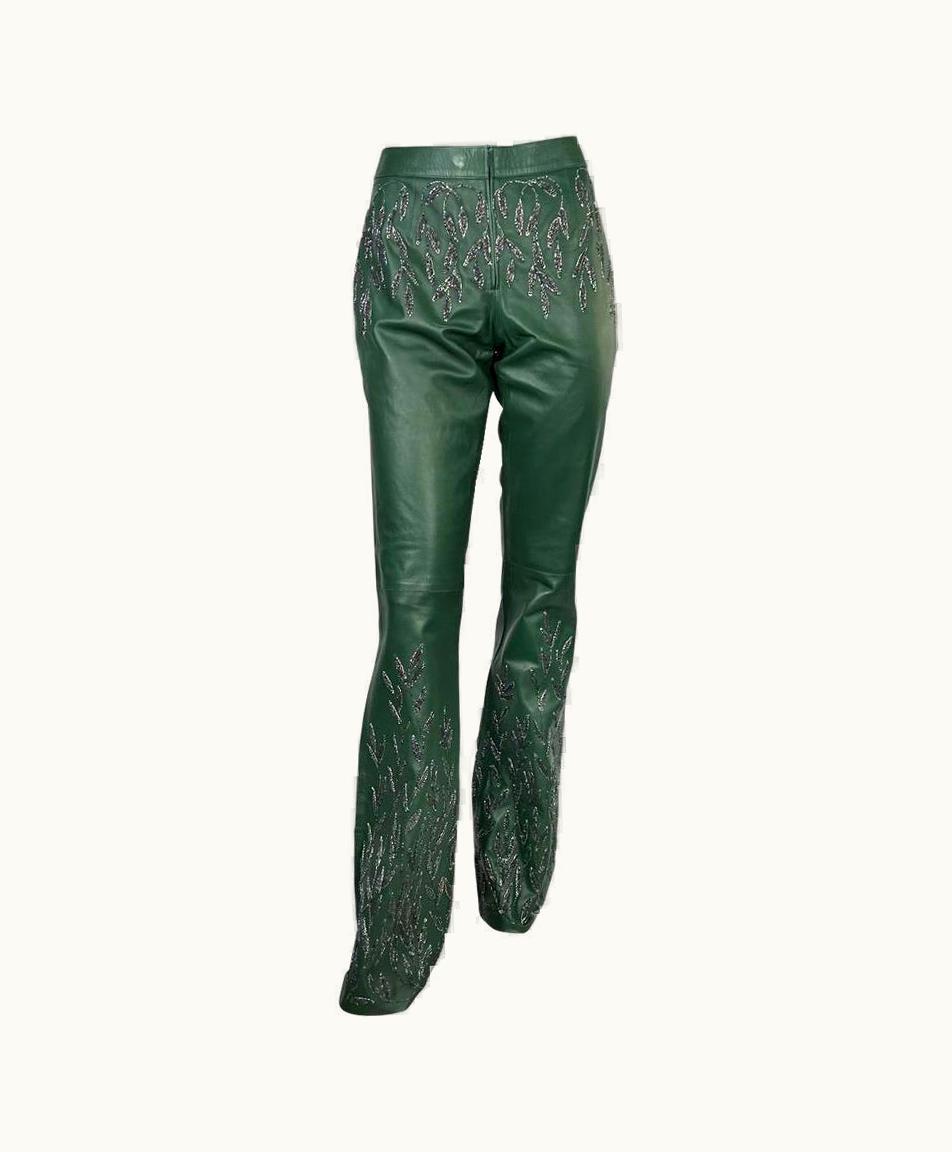 Gucci AW 1999 Gucci Tom Ford Runway Embellished Green Leather Flare Pants Documented