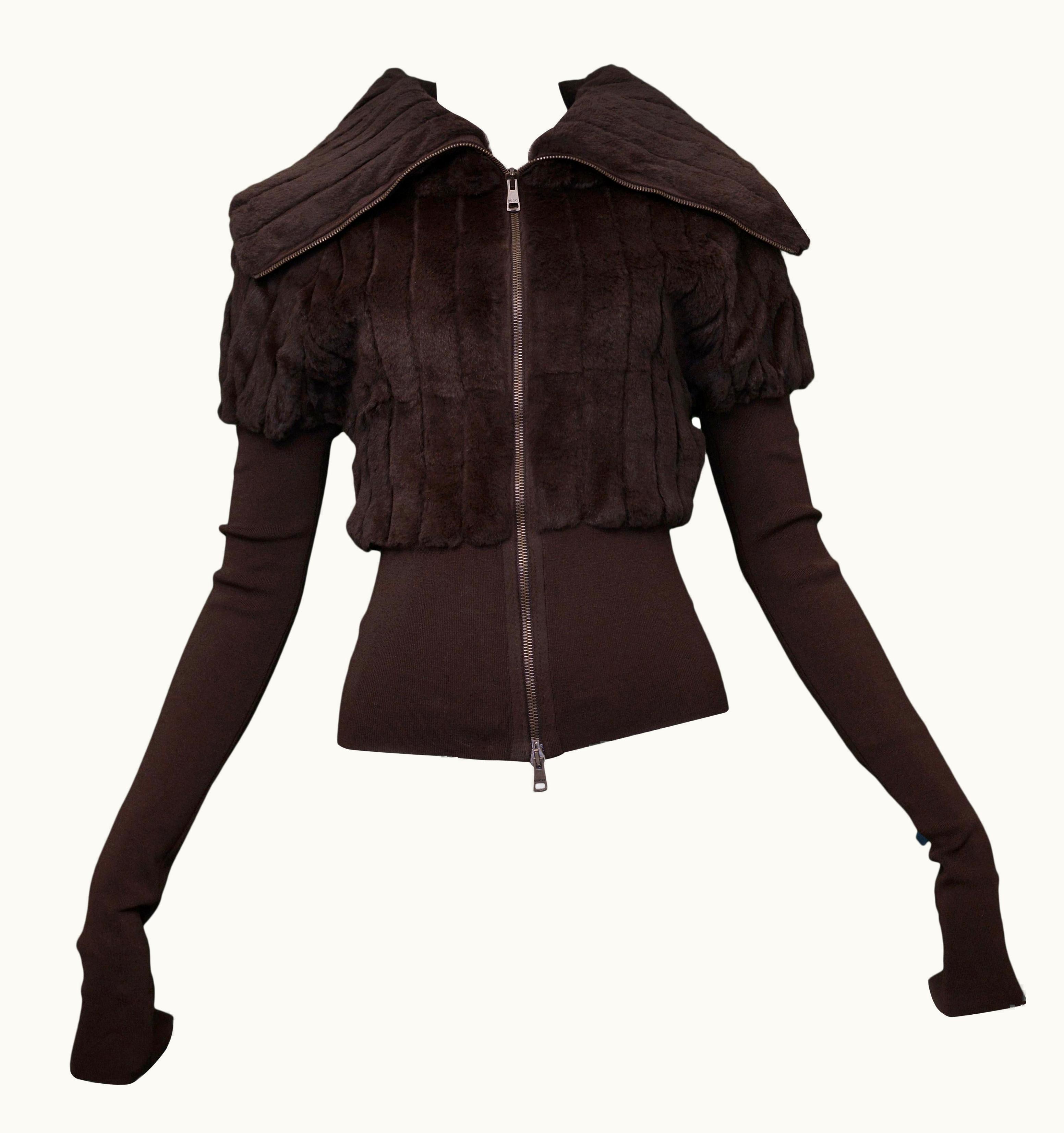 Gucci By Tom Ford Brown Lapin Rabbit Fur & Knit Zipper Cardigan Sweater