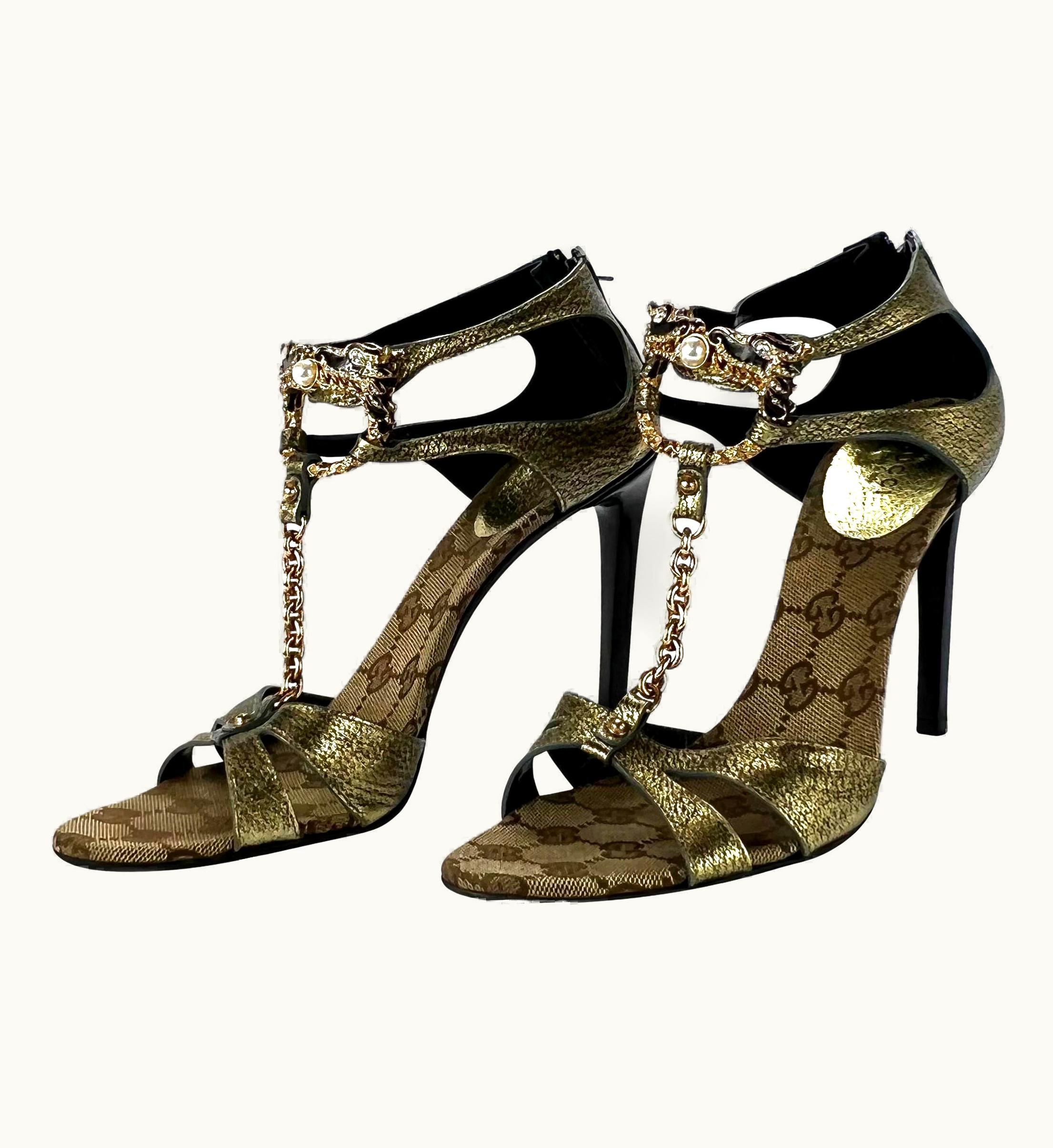 Gucci AW 2004 Gucci Tom Ford Gold Rhinestone Dragon Gg Monogram Logo Heels b