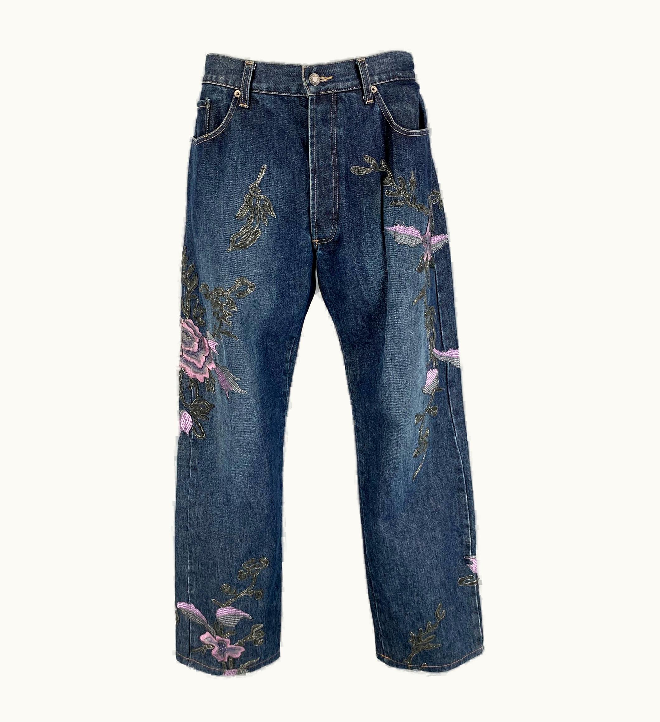 Gucci By Tom Ford Fall 1999 Blue Lavender Floral Embroidery Denim