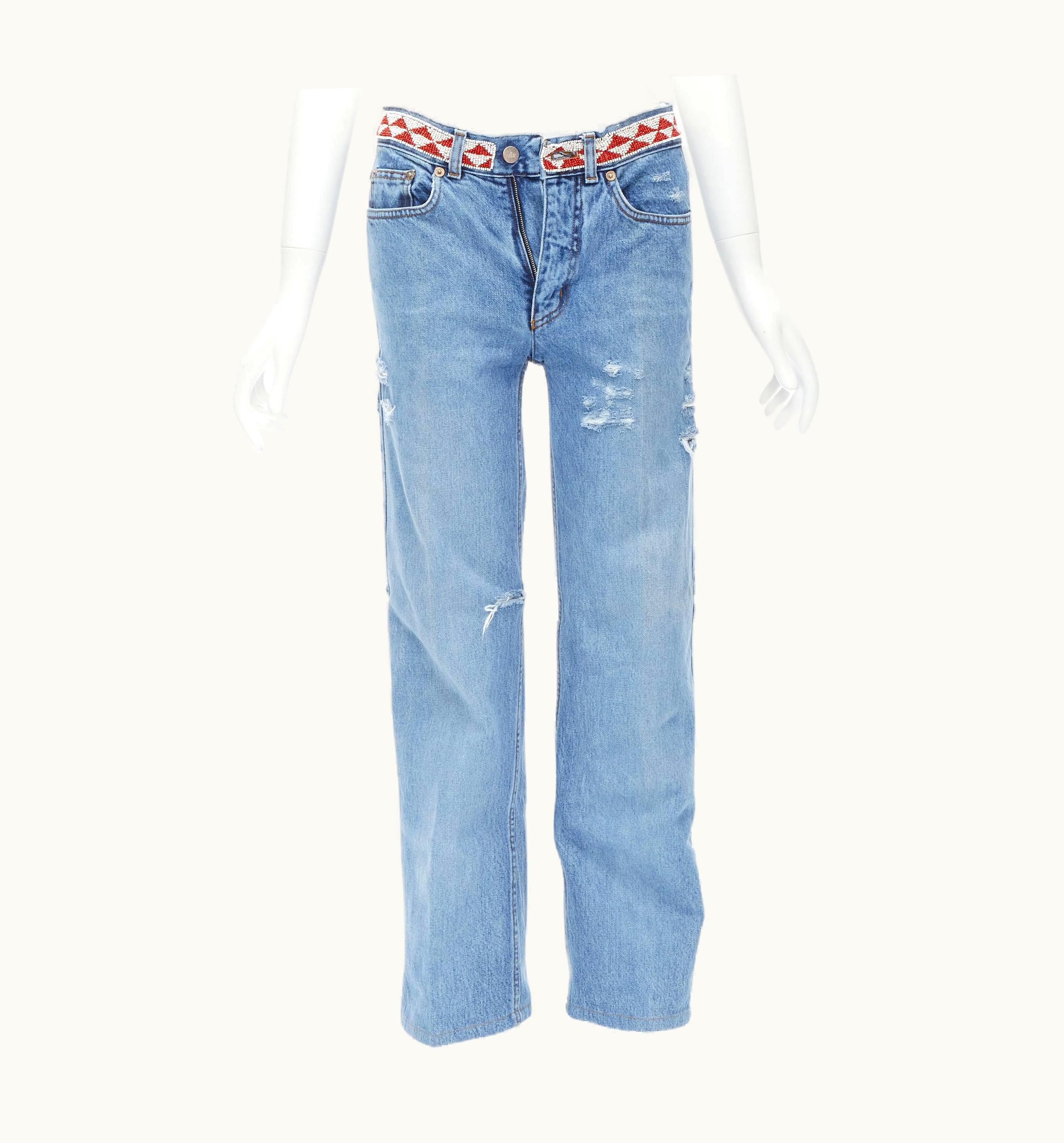 Gucci 1999 Vintage Aztec Bead Embroidery Waist Distressed Denim Jeans