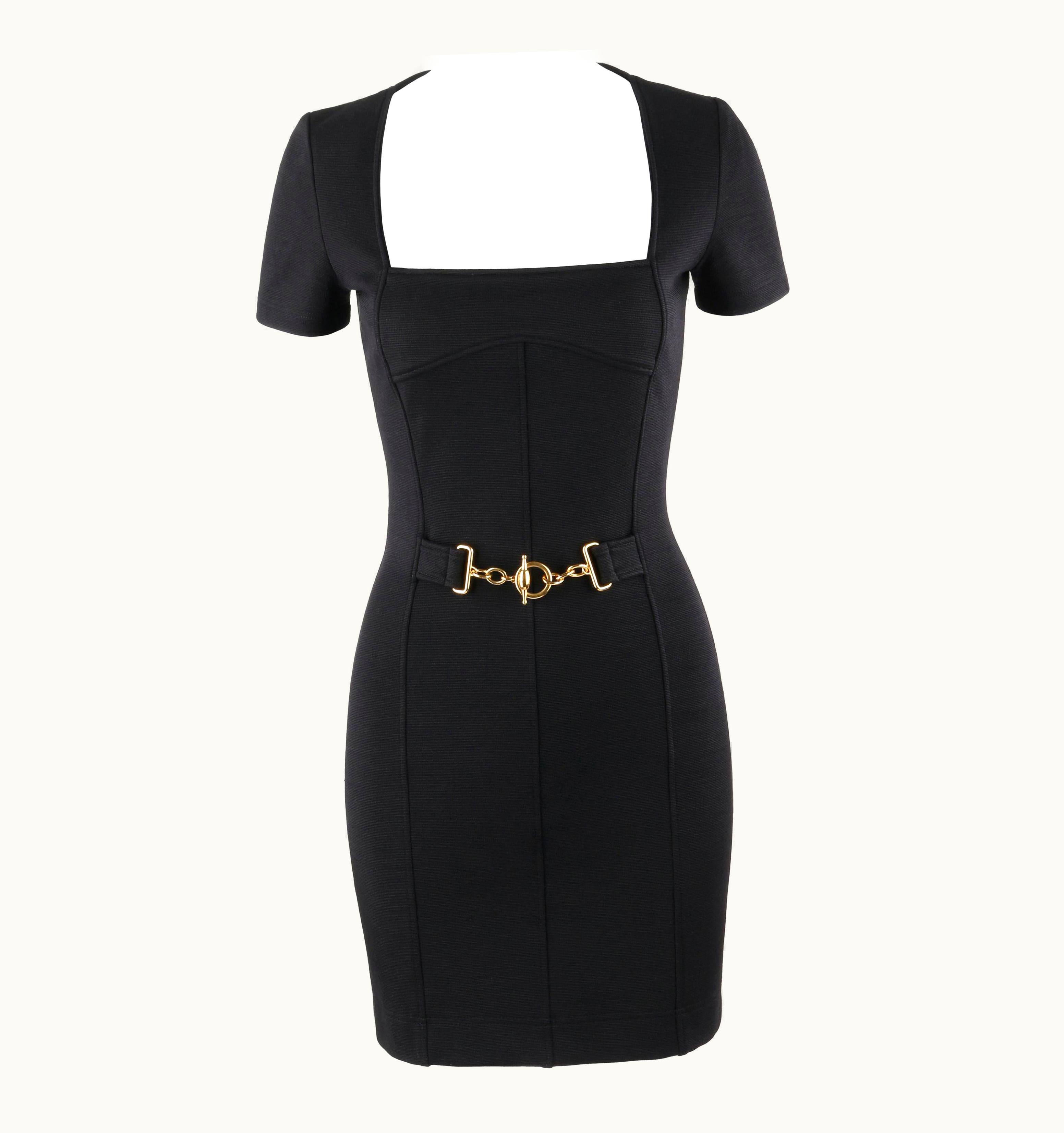 Gucci 2000' Tom Ford Black Square Neck Gold Waist Belt Mini Cocktail Dress