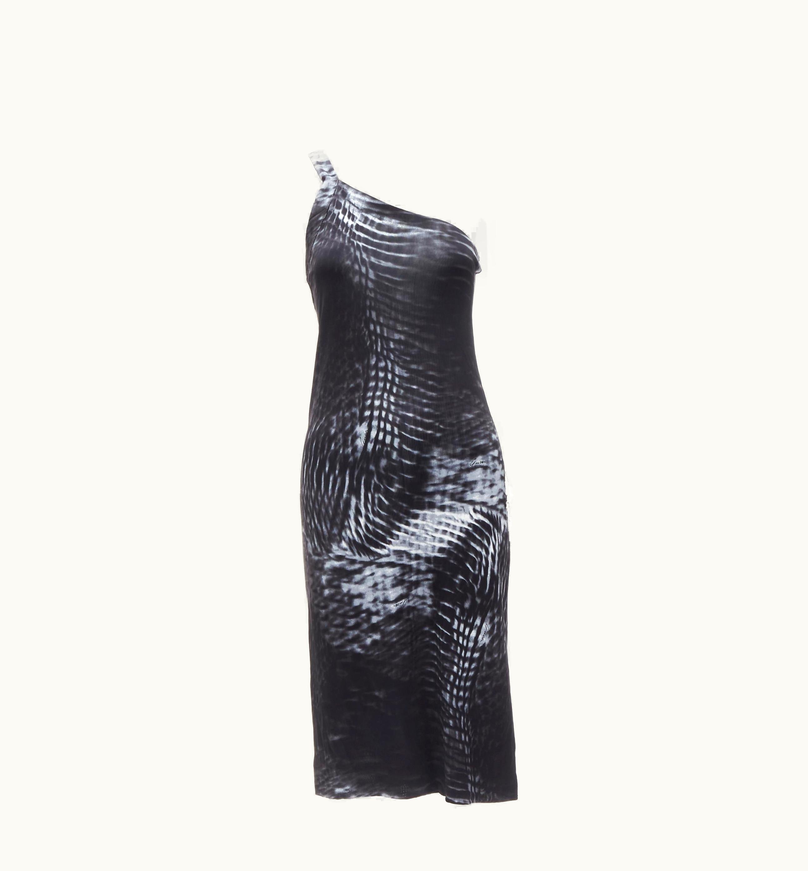 Gucci Tom Ford 2000 Runway Vintage Black White One Shoulder Dress