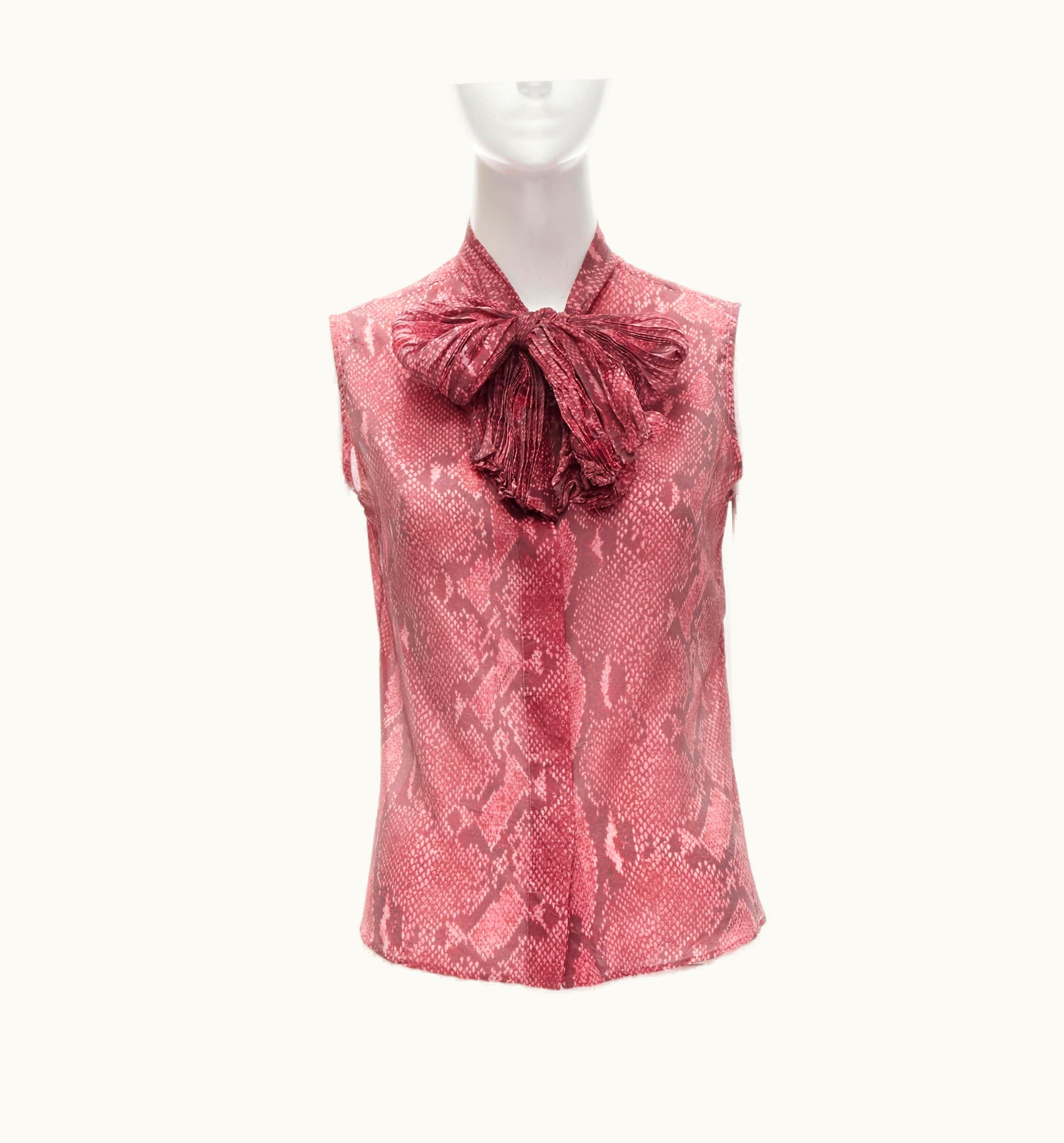 Gucci Tom Ford Vintage 2000 Pink Python Print Pleated Bow Collar Blouse