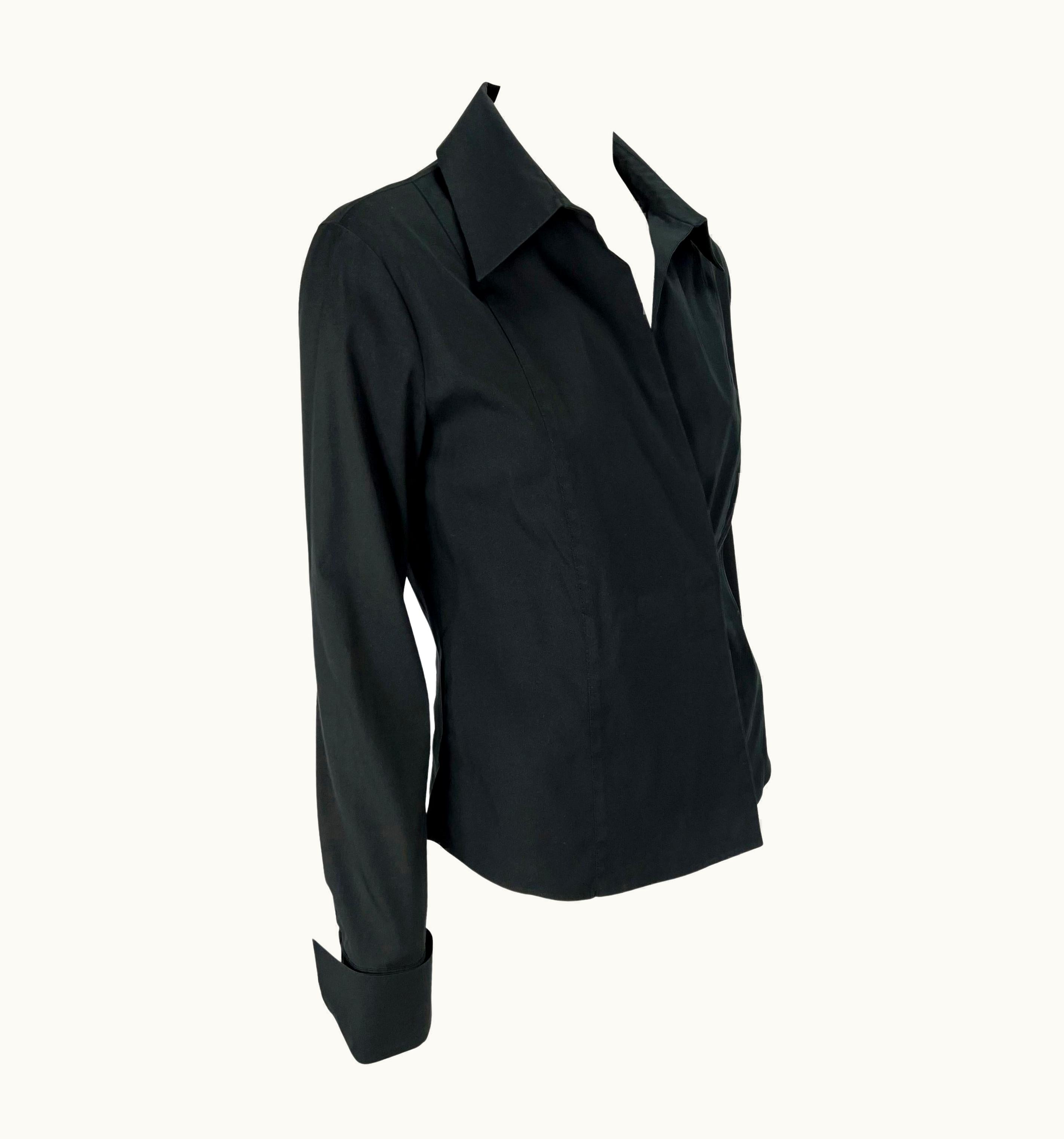 Gucci 2000 Gucci By Tom Ford Black Wrap French Cuff Plunging Stretch Cotton Blouse Y2k