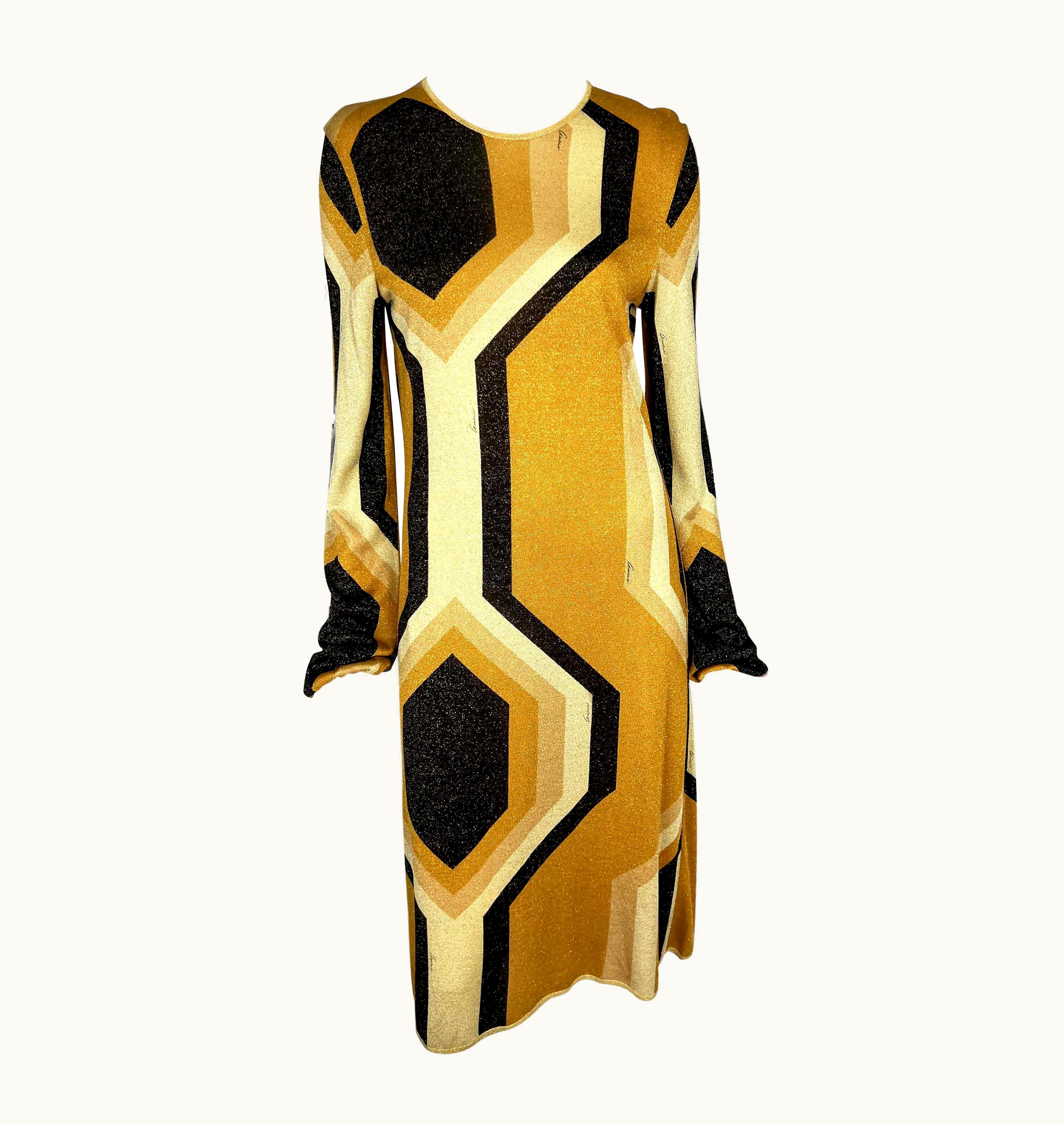 Gucci AW 2000 Gucci By Tom Ford Gold Lurex Geometric Disco Stretch Shift Dress