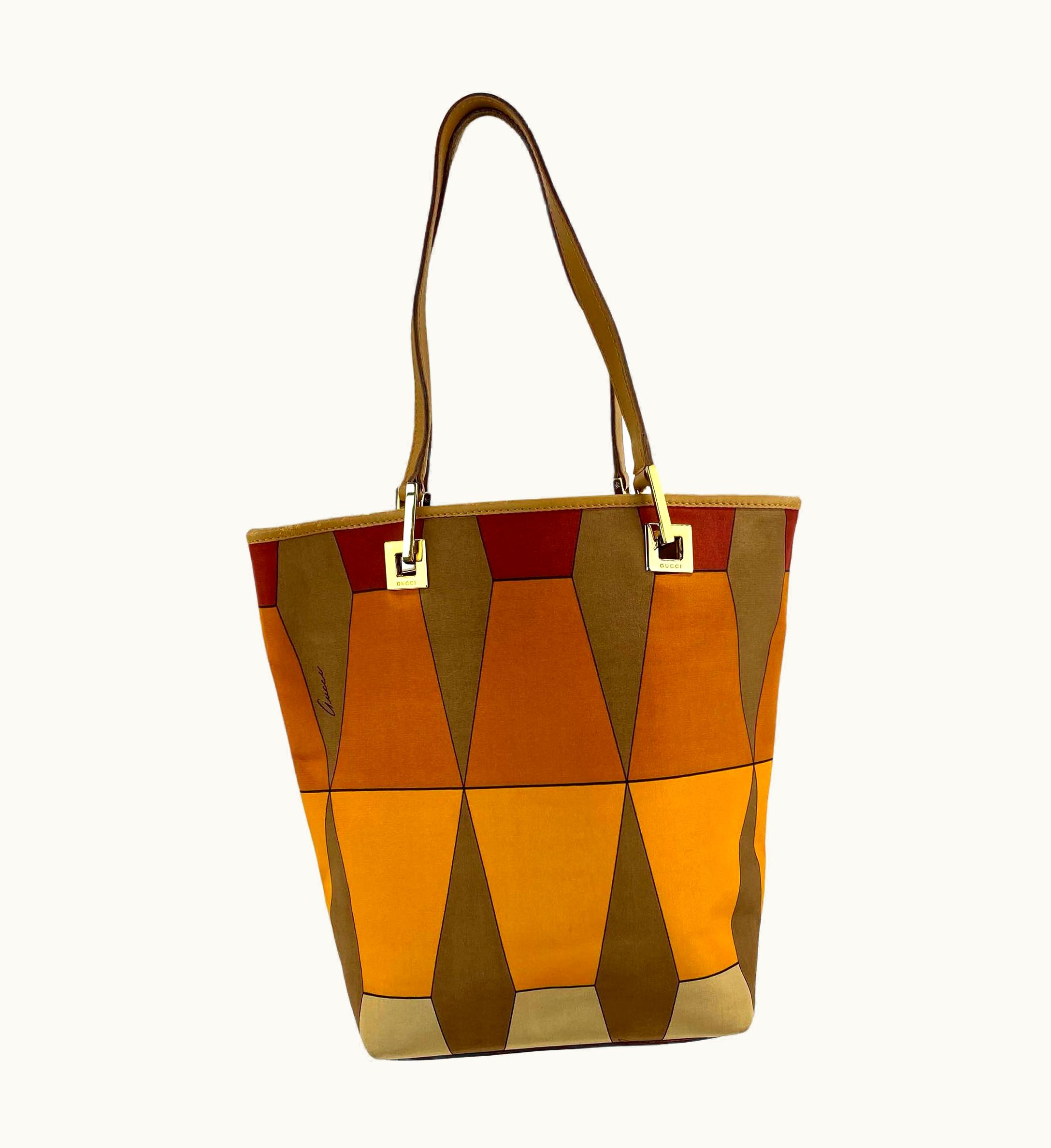 Gucci AW 2000 Gucci By Tom Ford Jacquard Tan Tote Silk Scarf Print