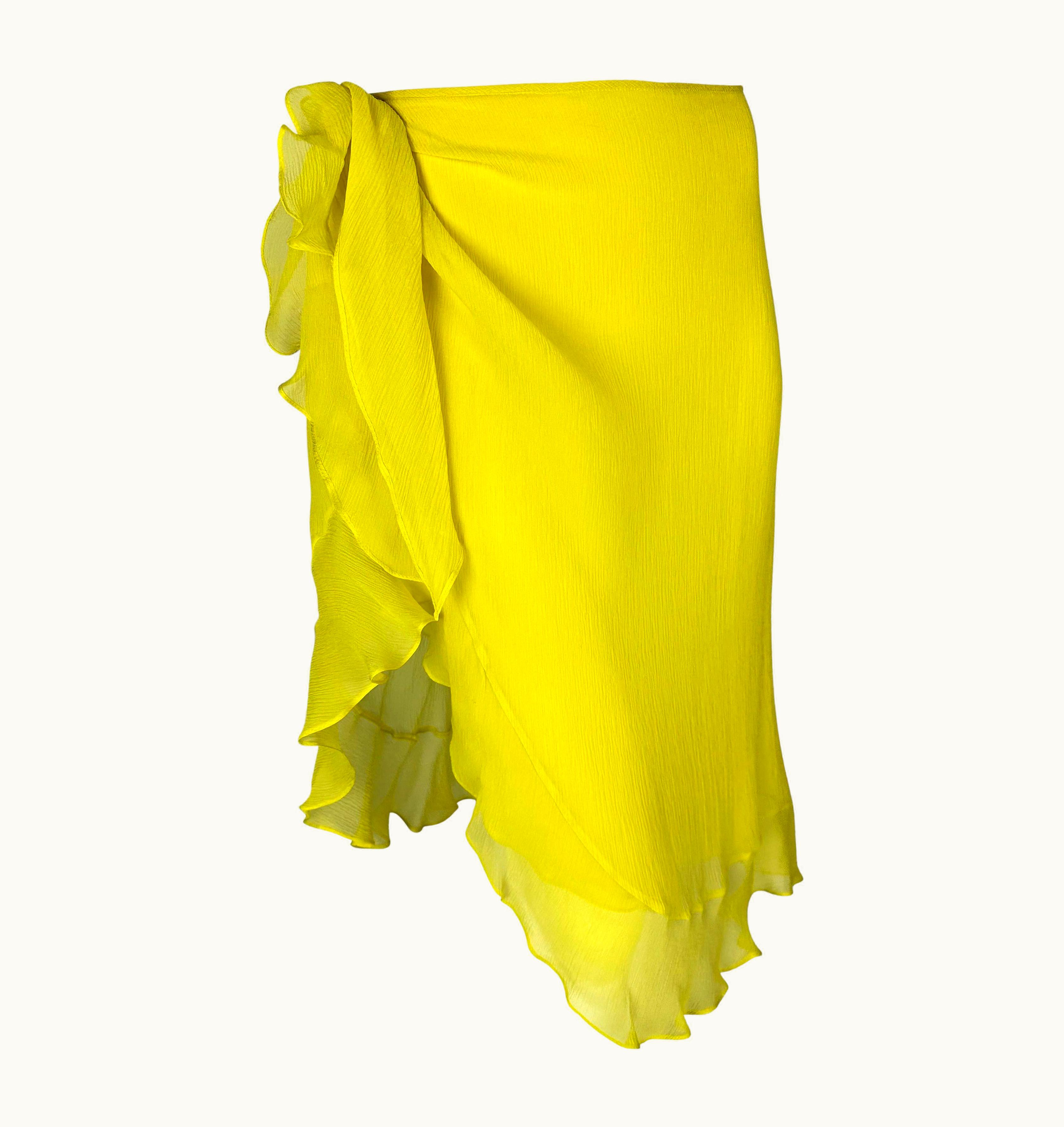 Gucci S/S 2000 Gucci By Tom Ford Yellow Silk Chiffon Ruffle Tie Faux-Wrap Skirt