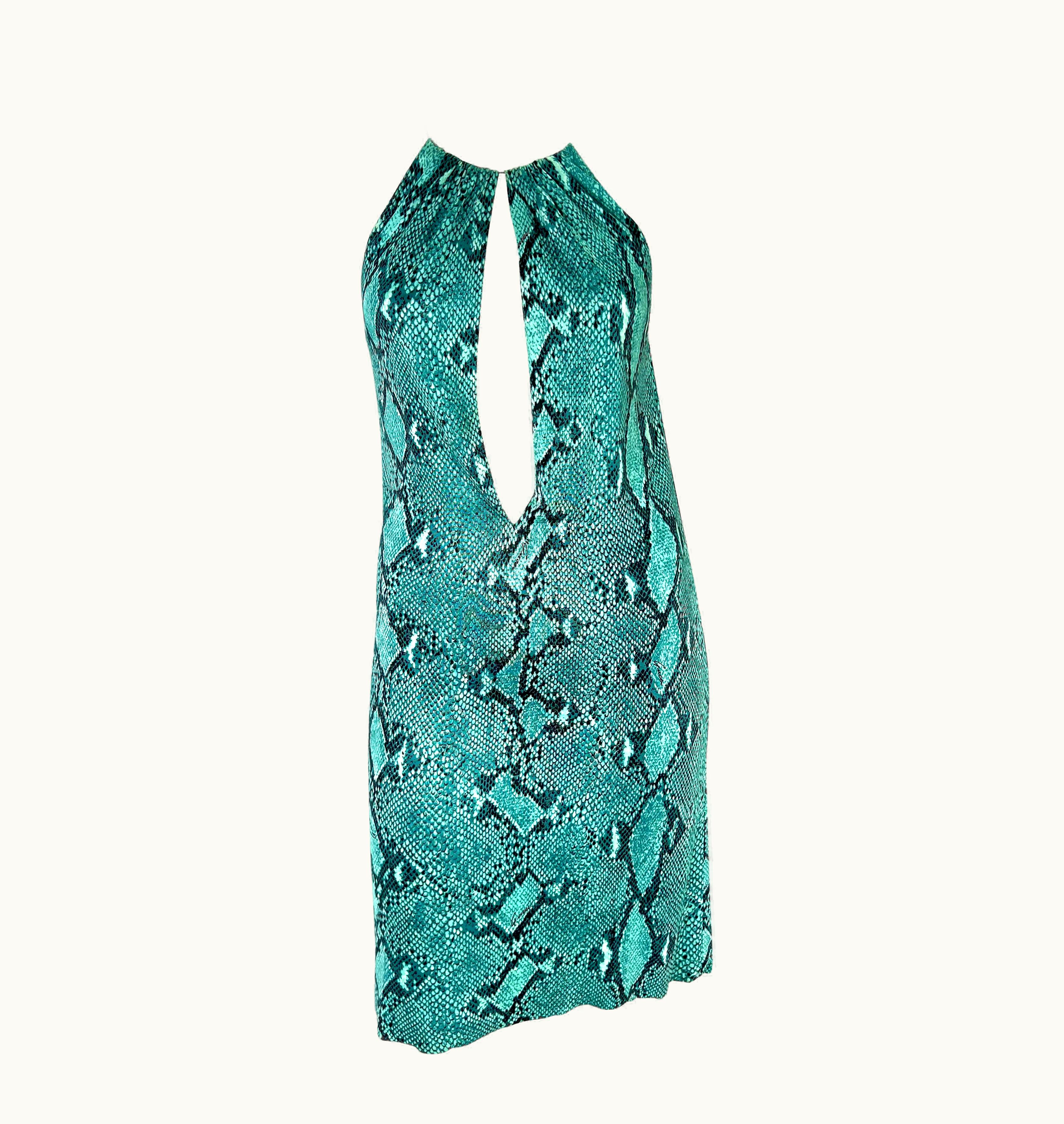 Gucci S/S 2000 Gucci By Tom Ford Blue Snake Print Viscose Leather Strap Plunging Dress